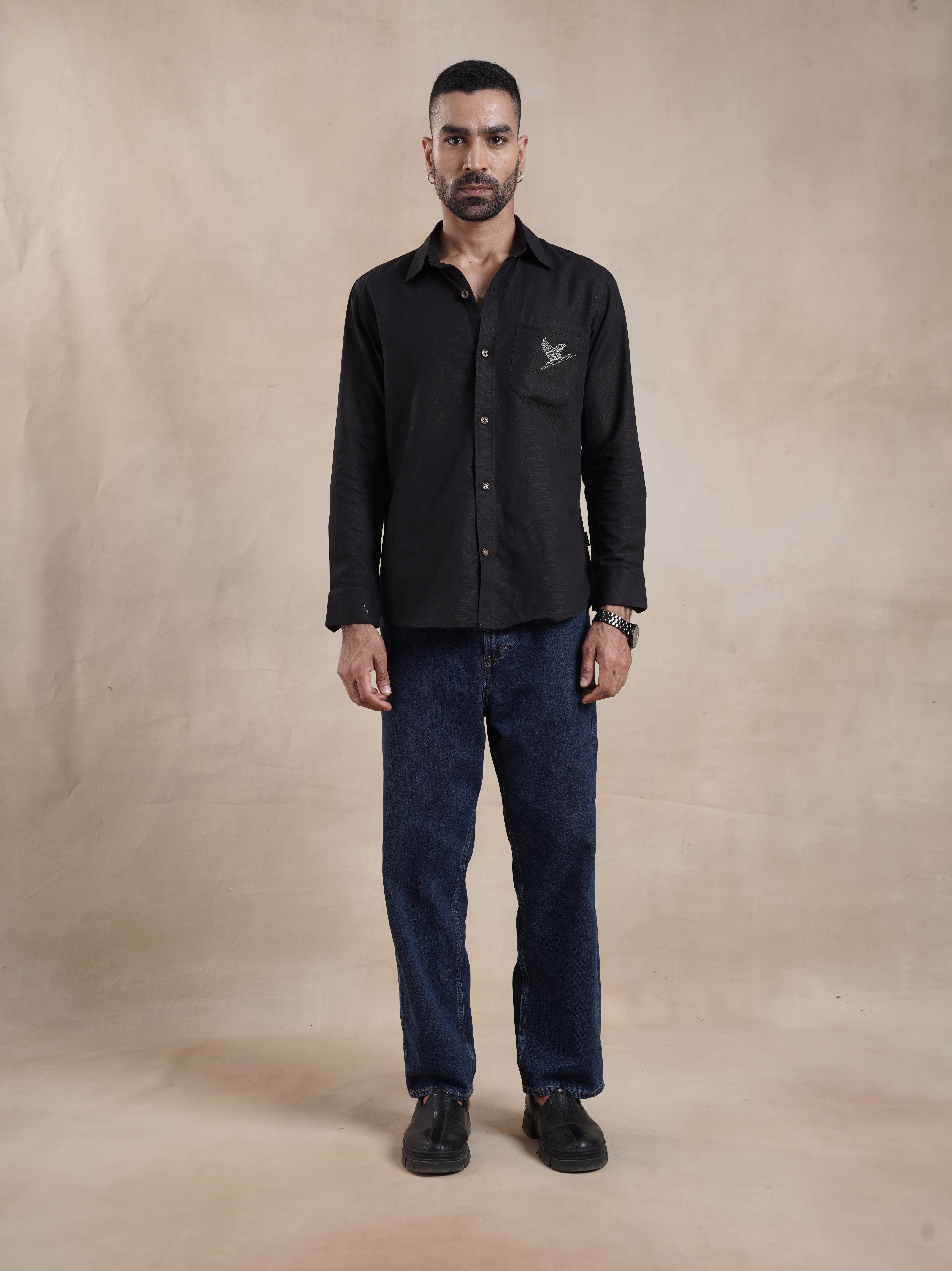 Men's Cotton Linen Back Embroidered Shirt