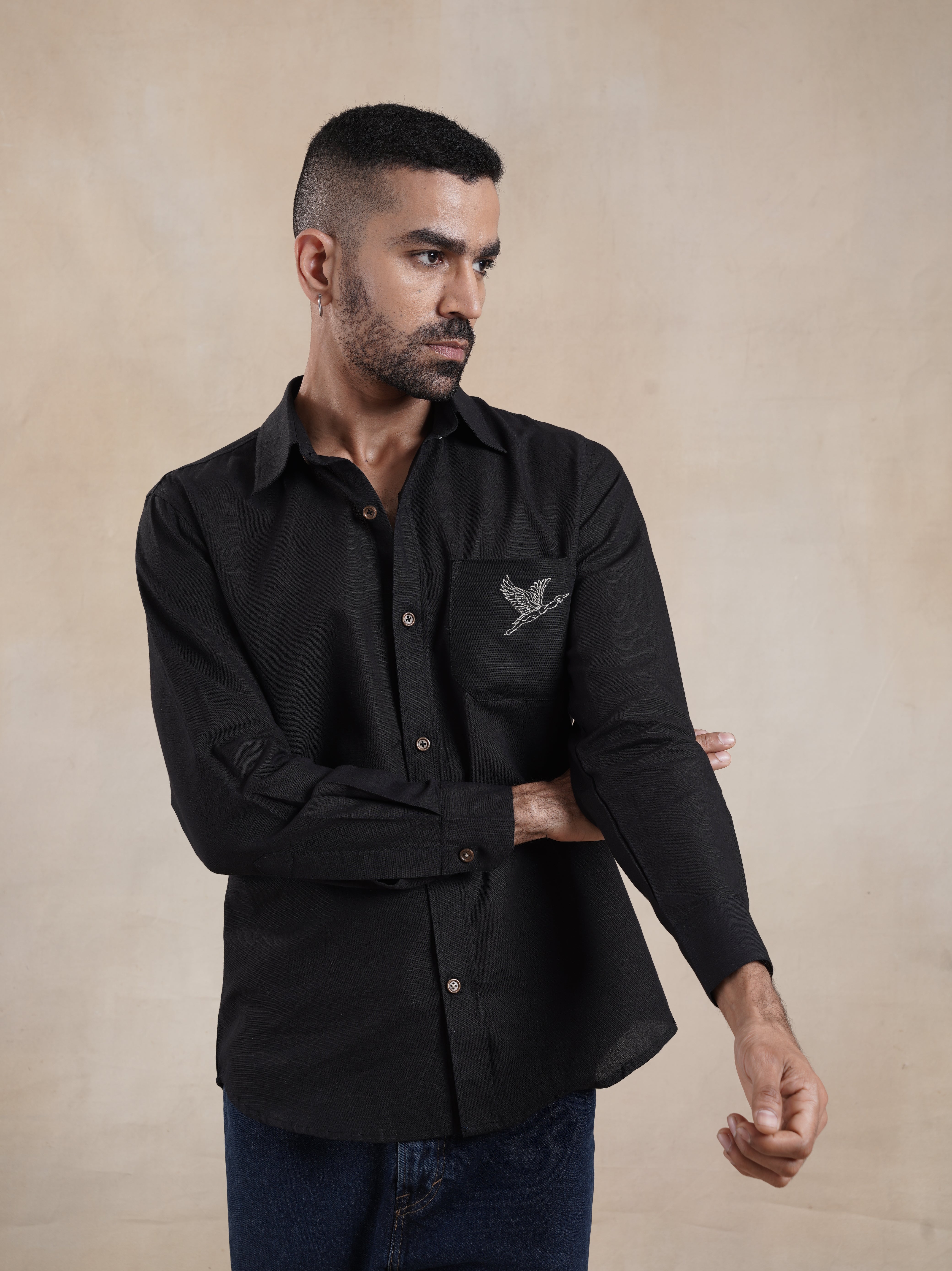 Men's Cotton Linen Back Embroidered Shirt