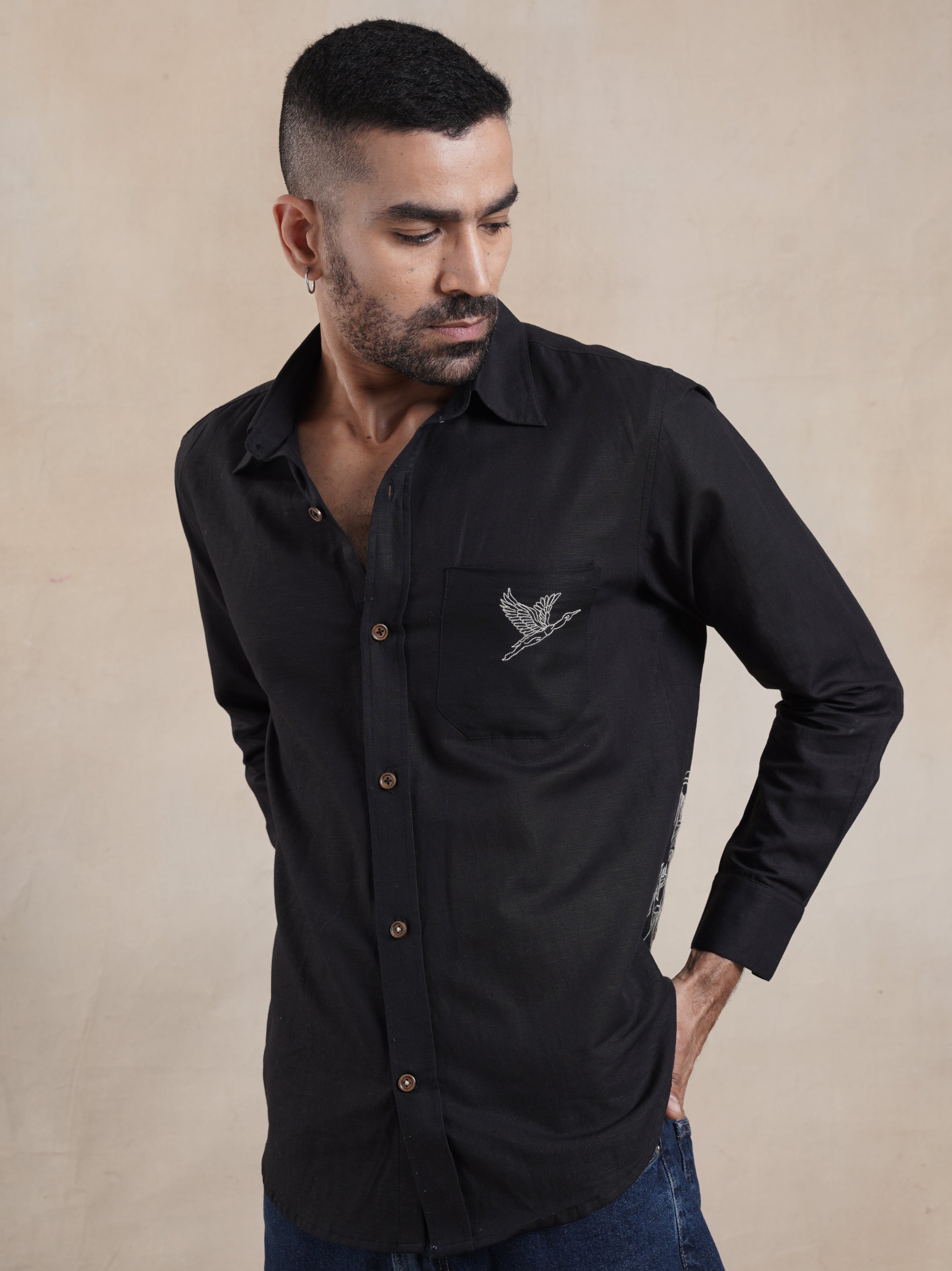 Men's Cotton Linen Back Embroidered Shirt