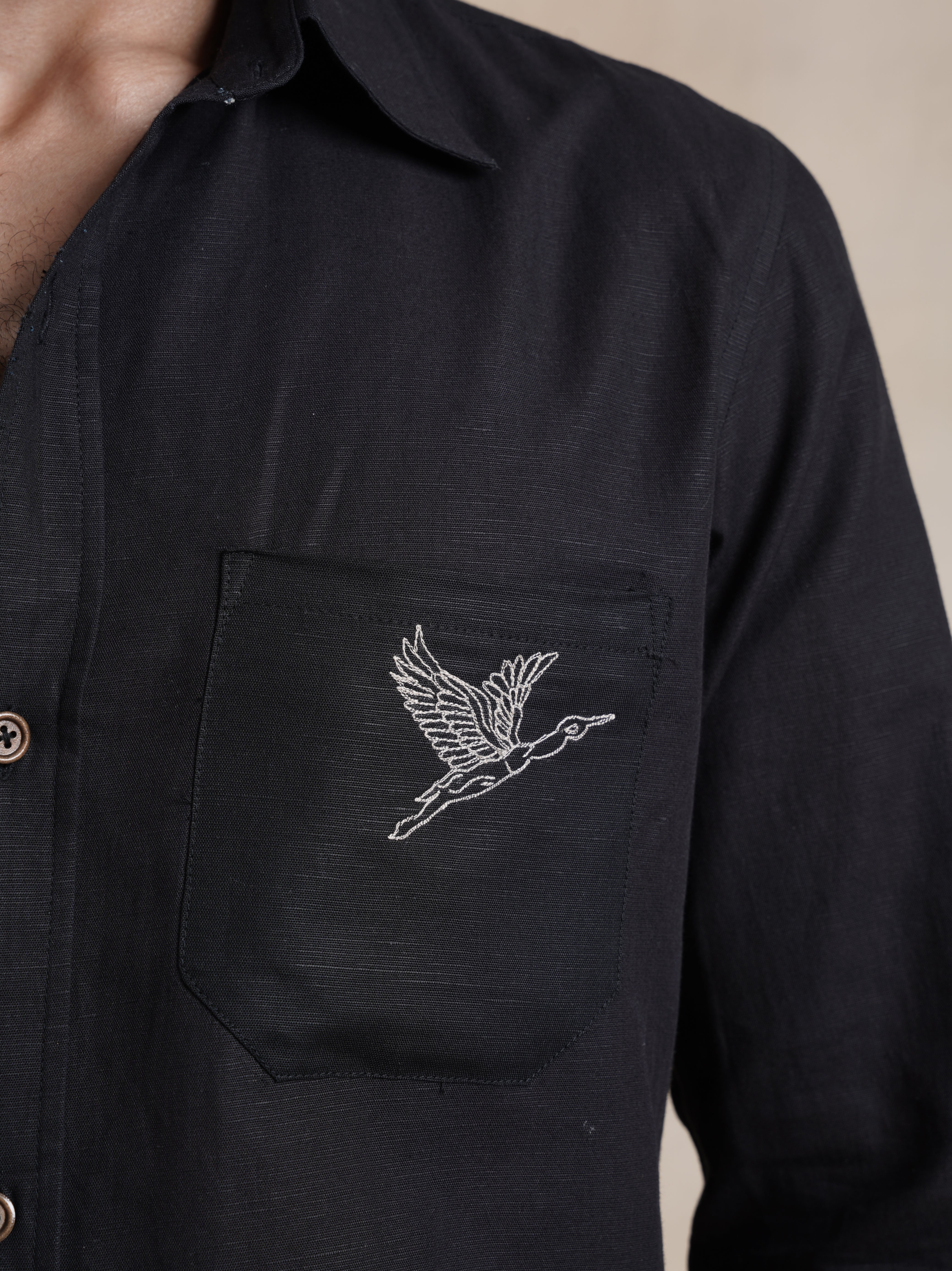 Men's Cotton Linen Back Embroidered Shirt