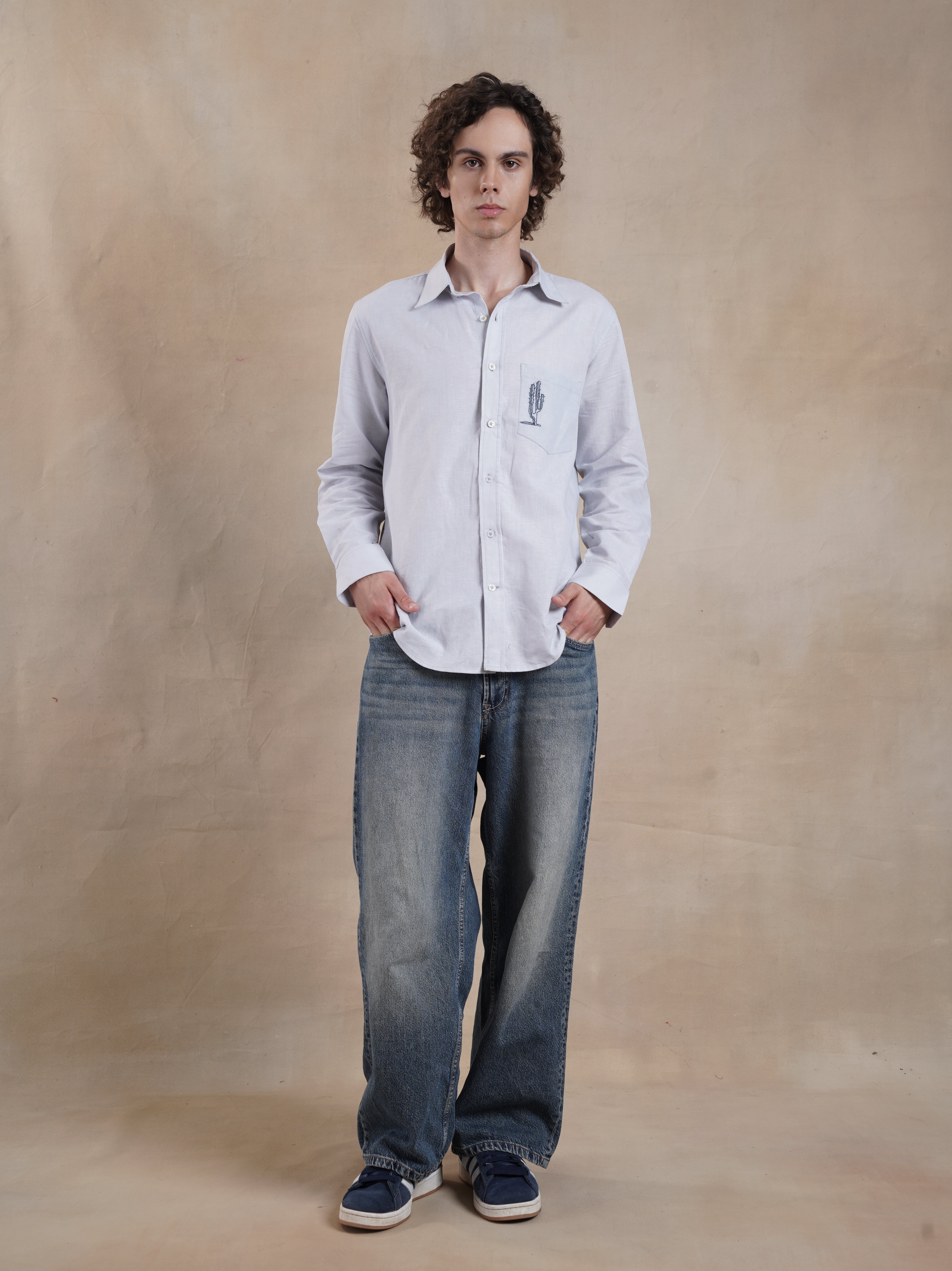 Men's Cotton Linen Back Embroidered Shirt