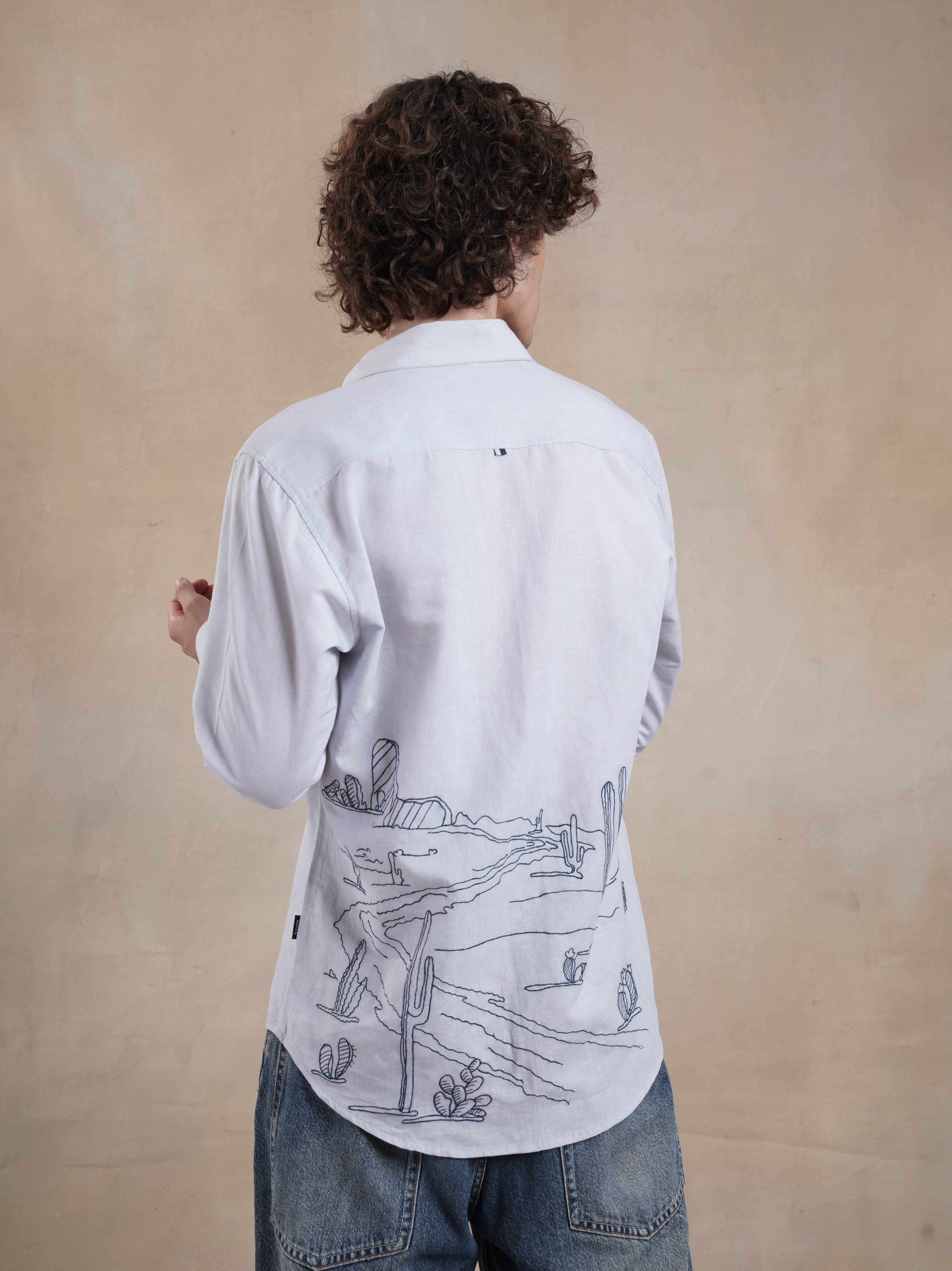 Men's Cotton Linen Back Embroidered Shirt