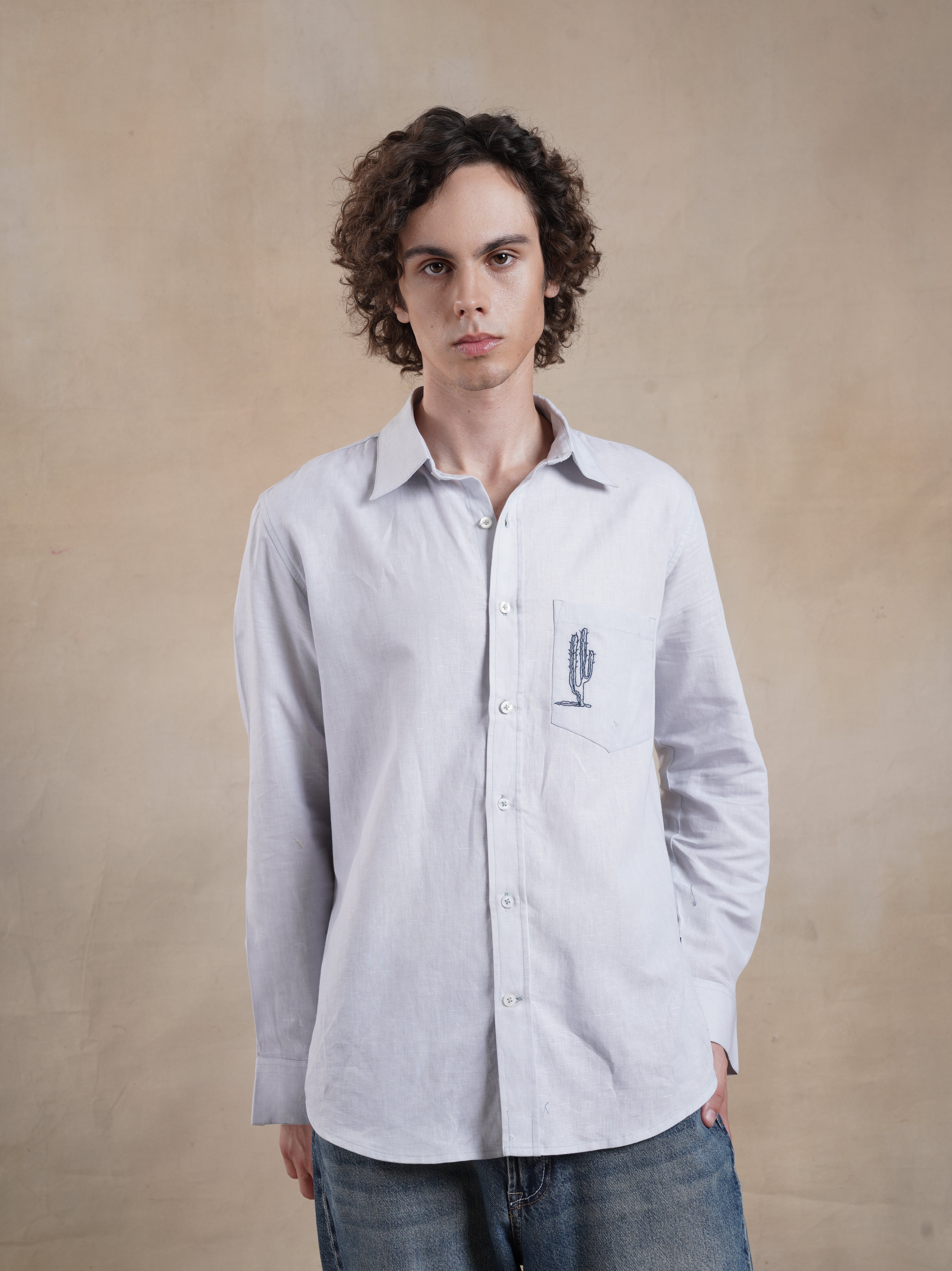 Men's Cotton Linen Back Embroidered Shirt