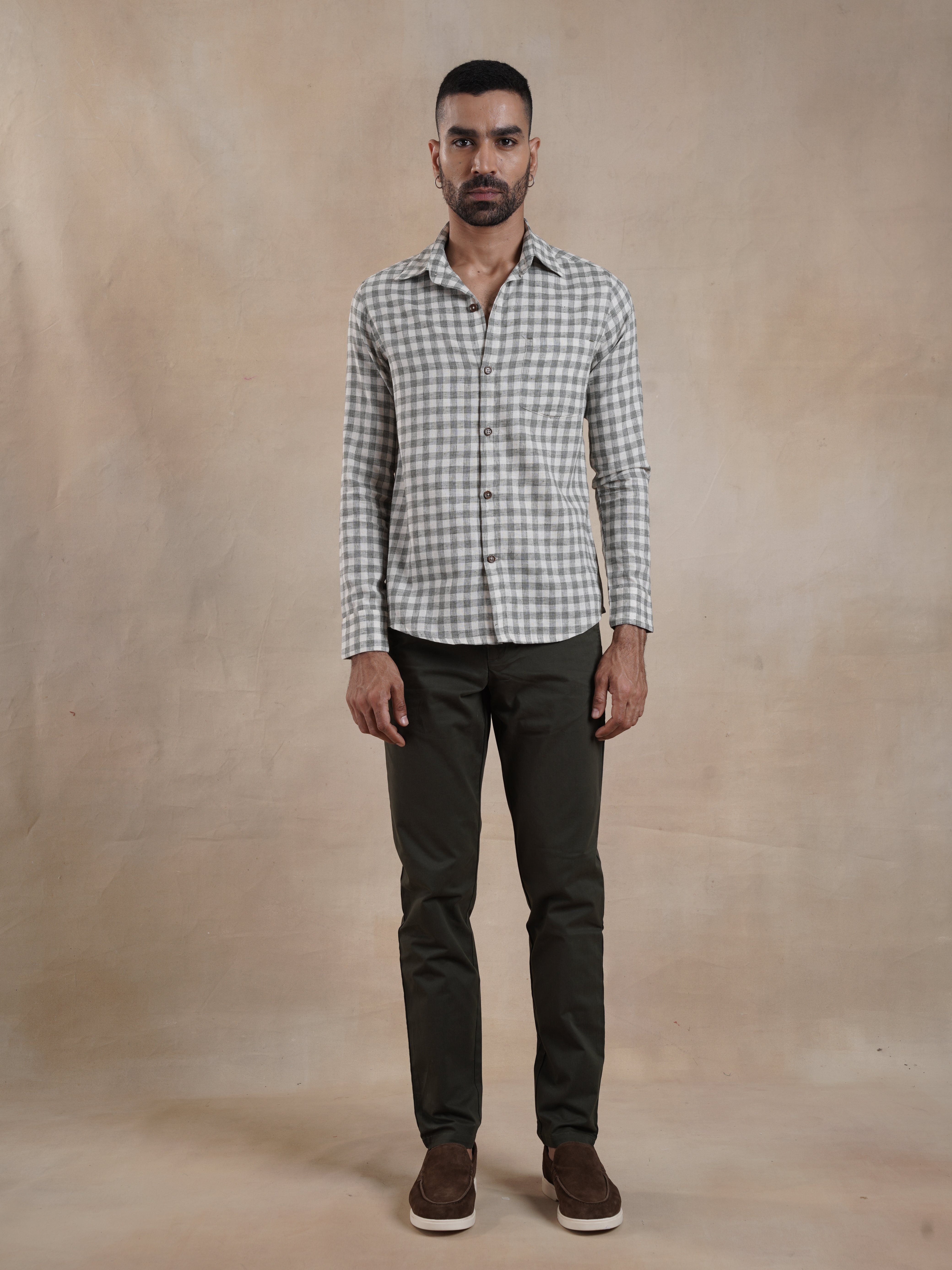Men's Cotton Linen Green Check Shirt
