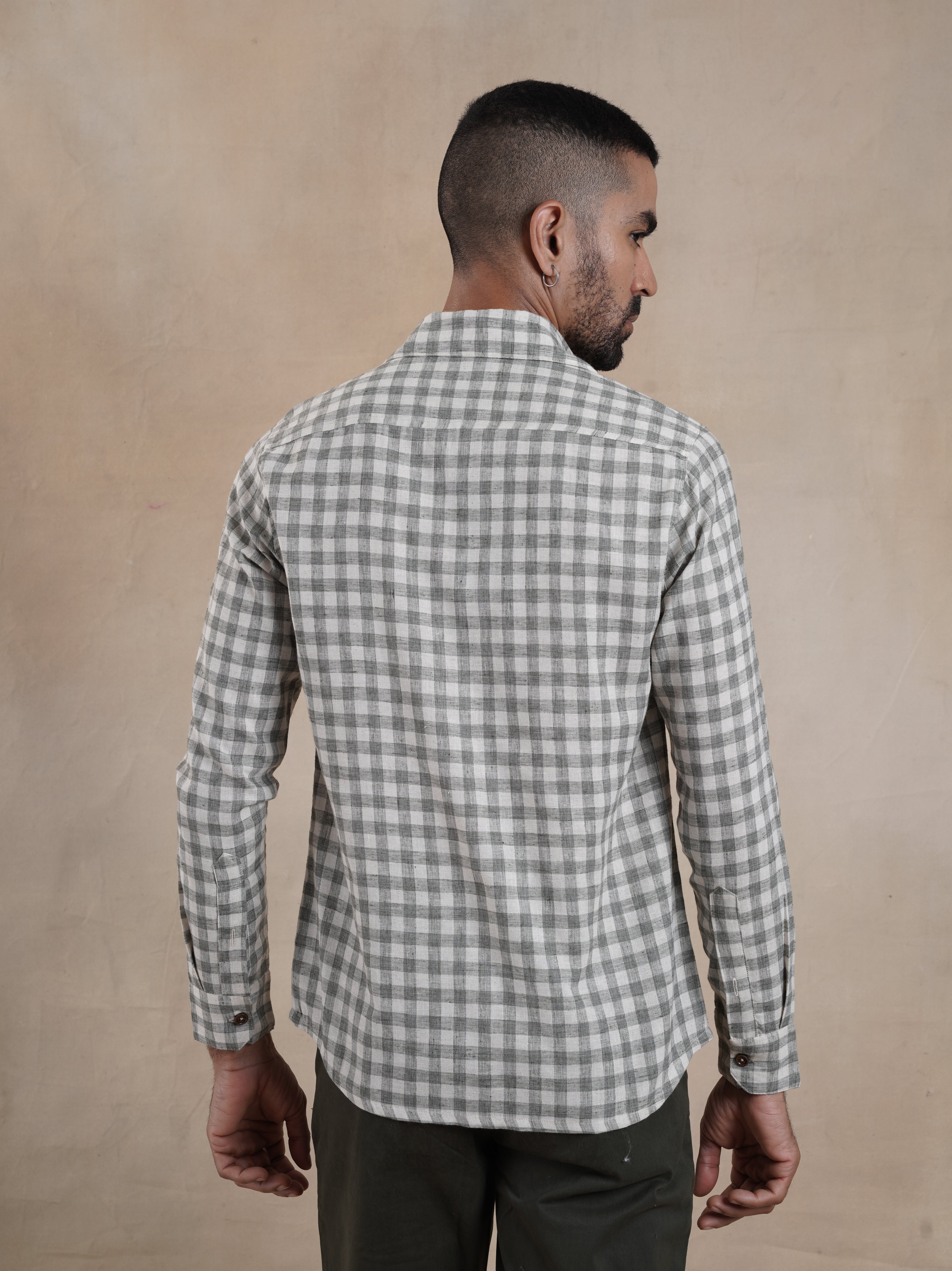 Men's Cotton Linen Green Check Shirt
