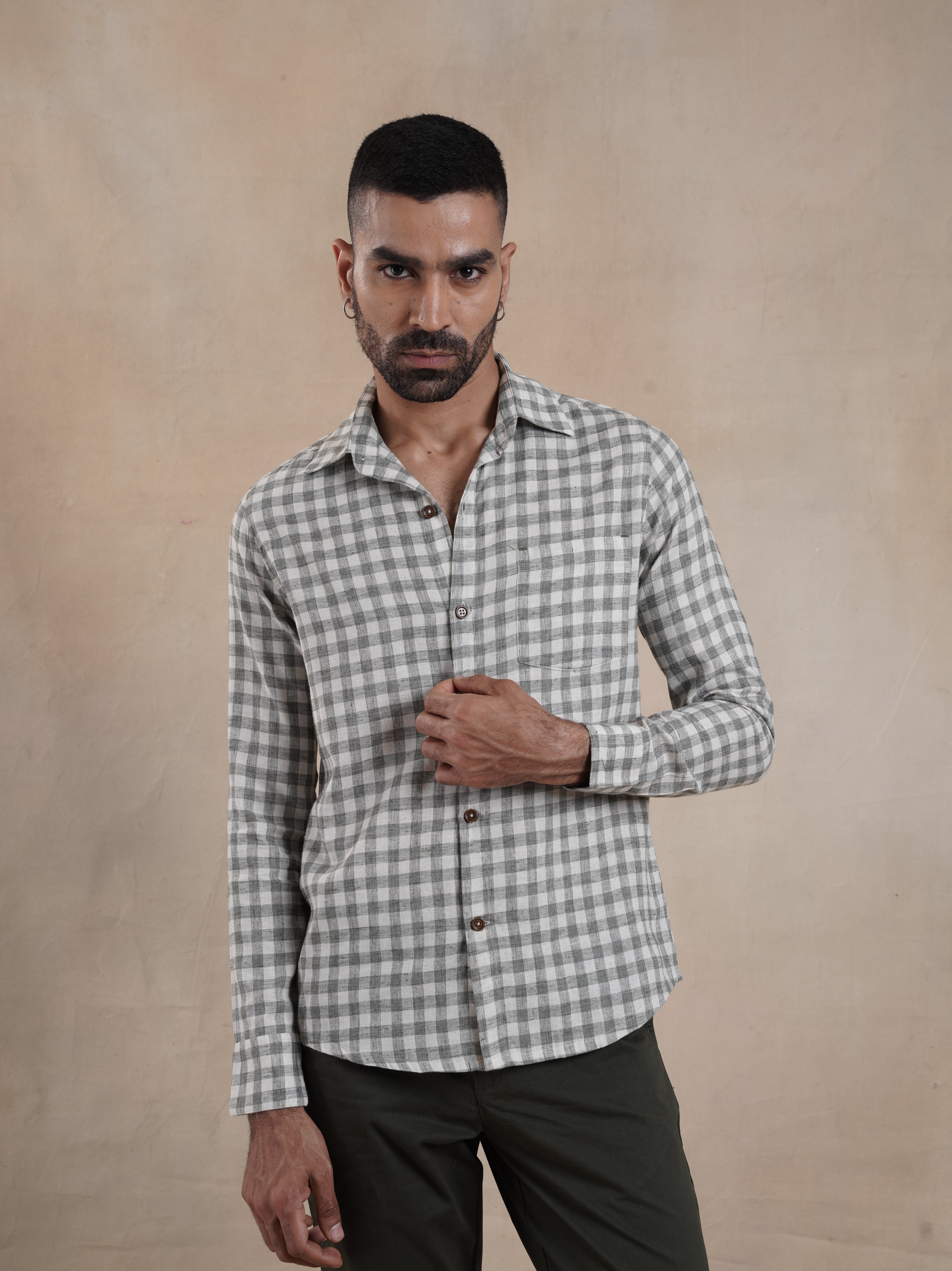 Men's Cotton Linen Green Check Shirt