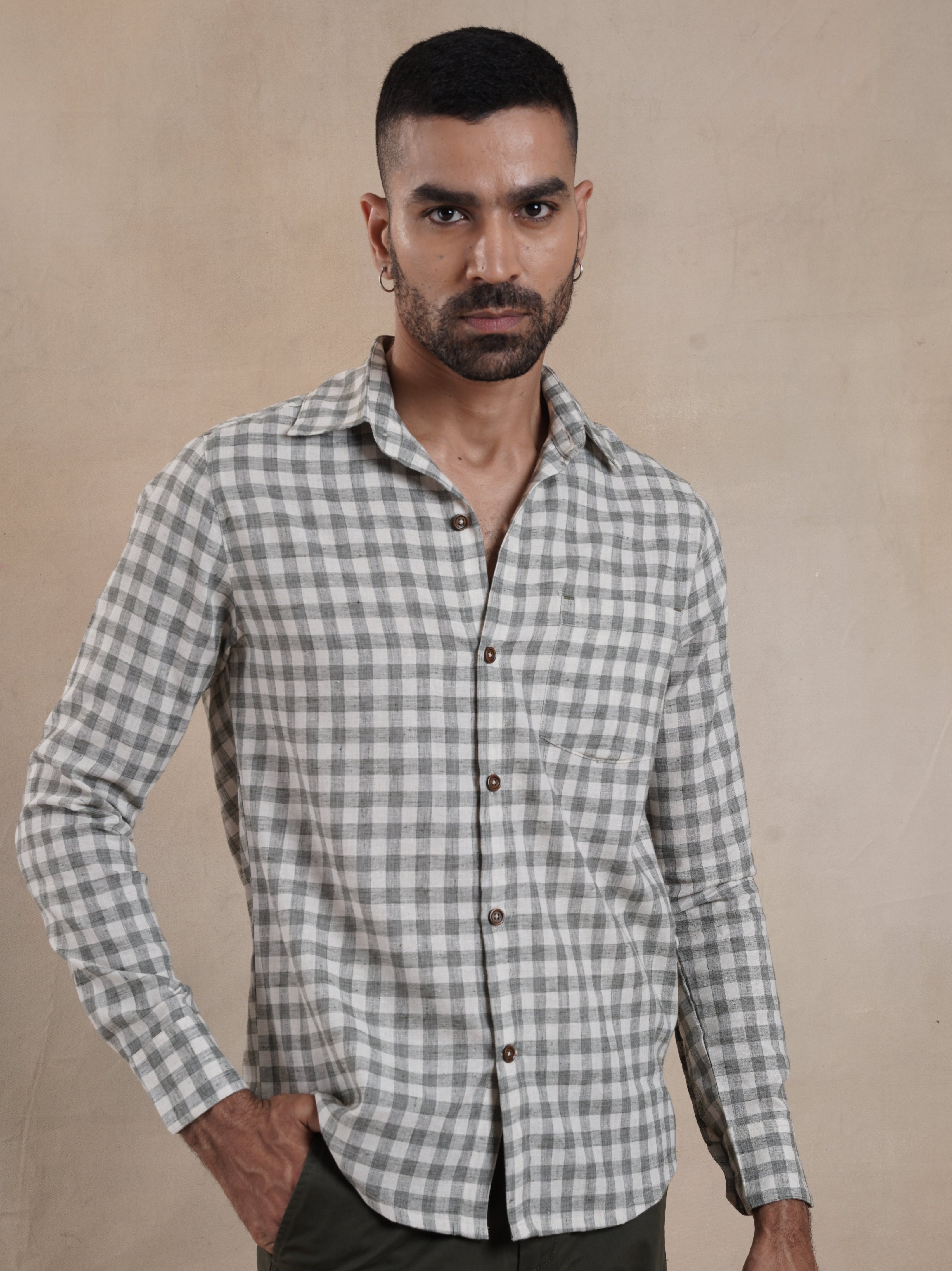 Men's Cotton Linen Green Check Shirt