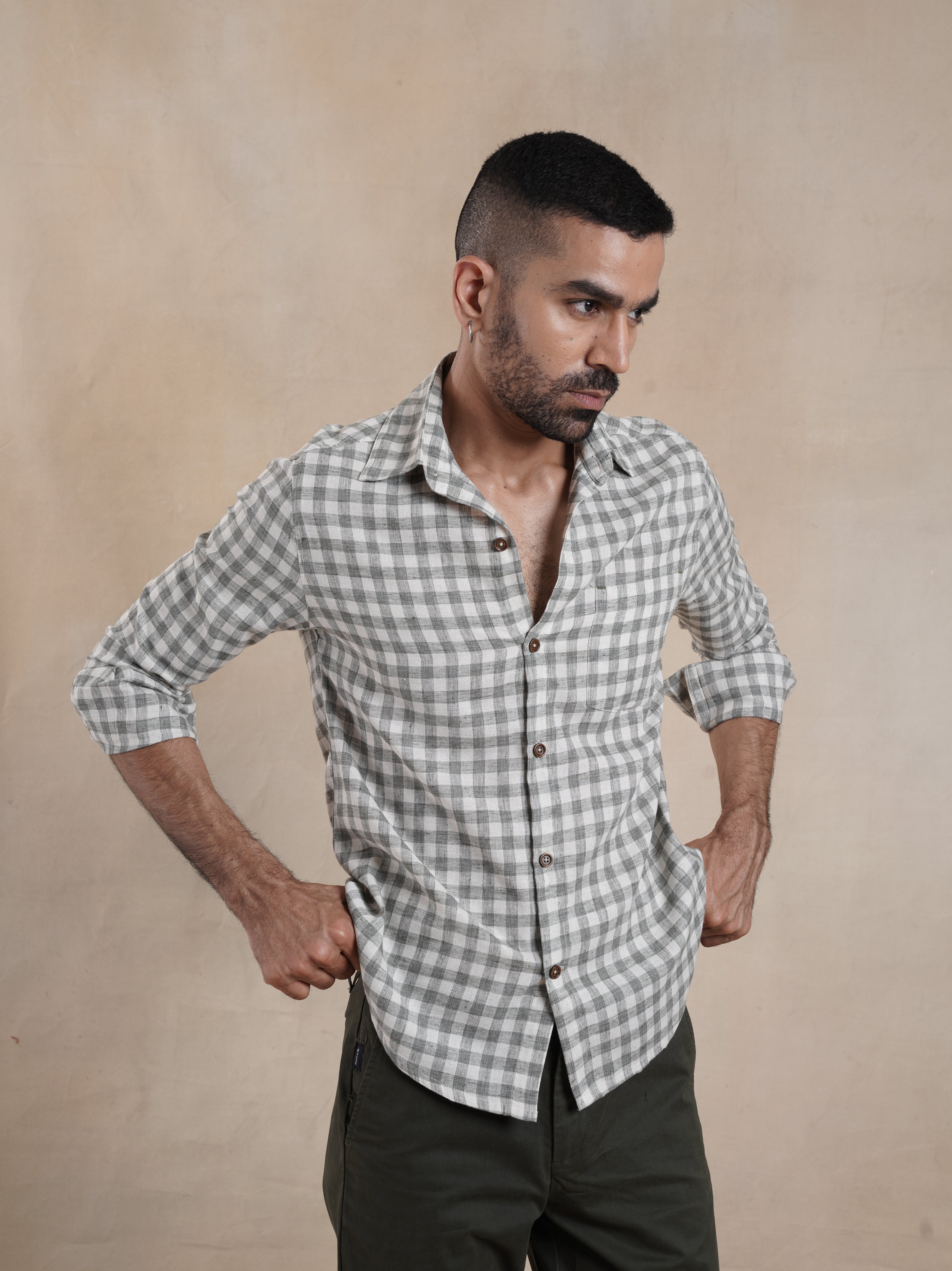 Men's Cotton Linen Green Check Shirt