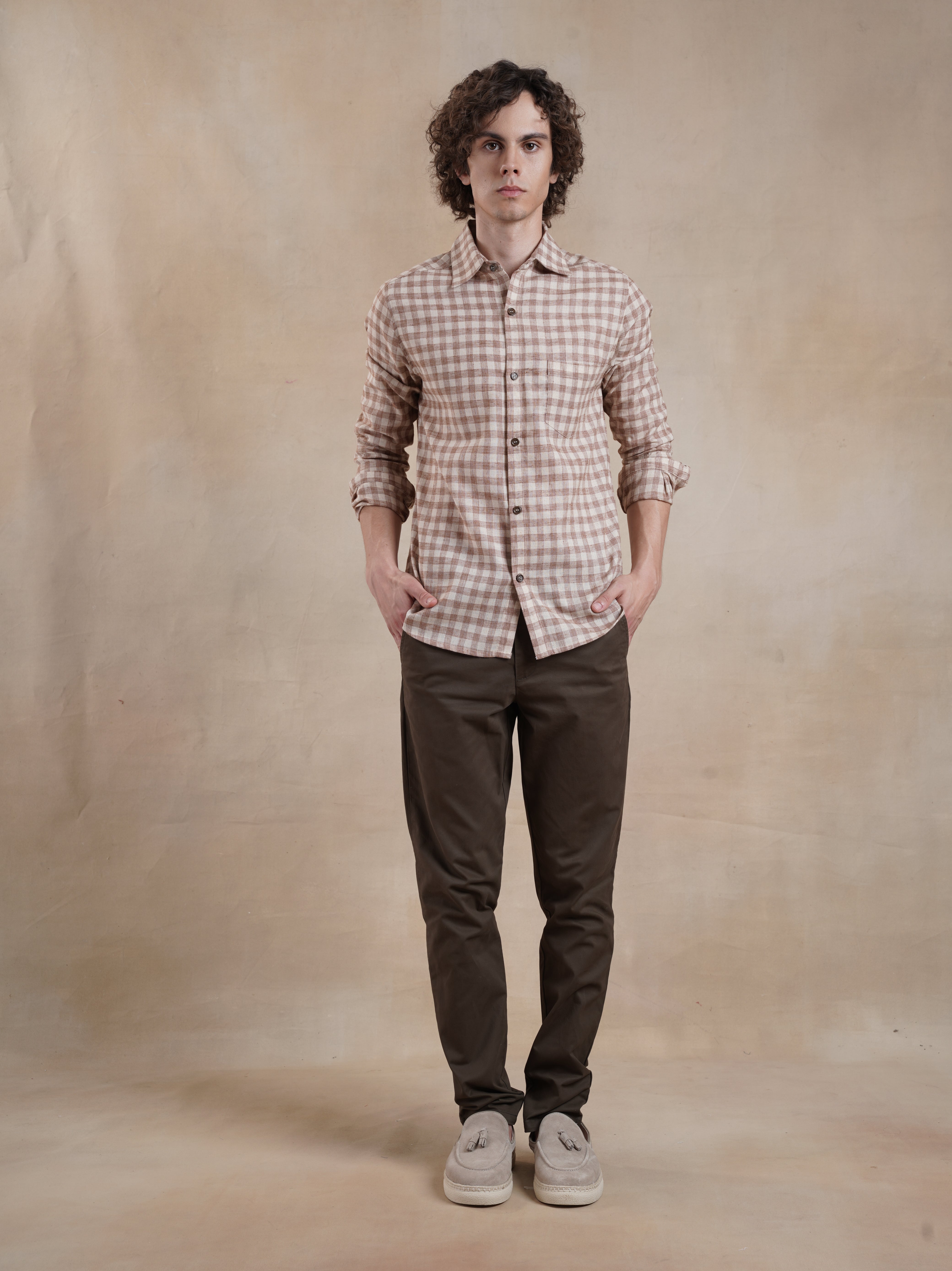 Men's Cotton Linen Brown Check Shirt