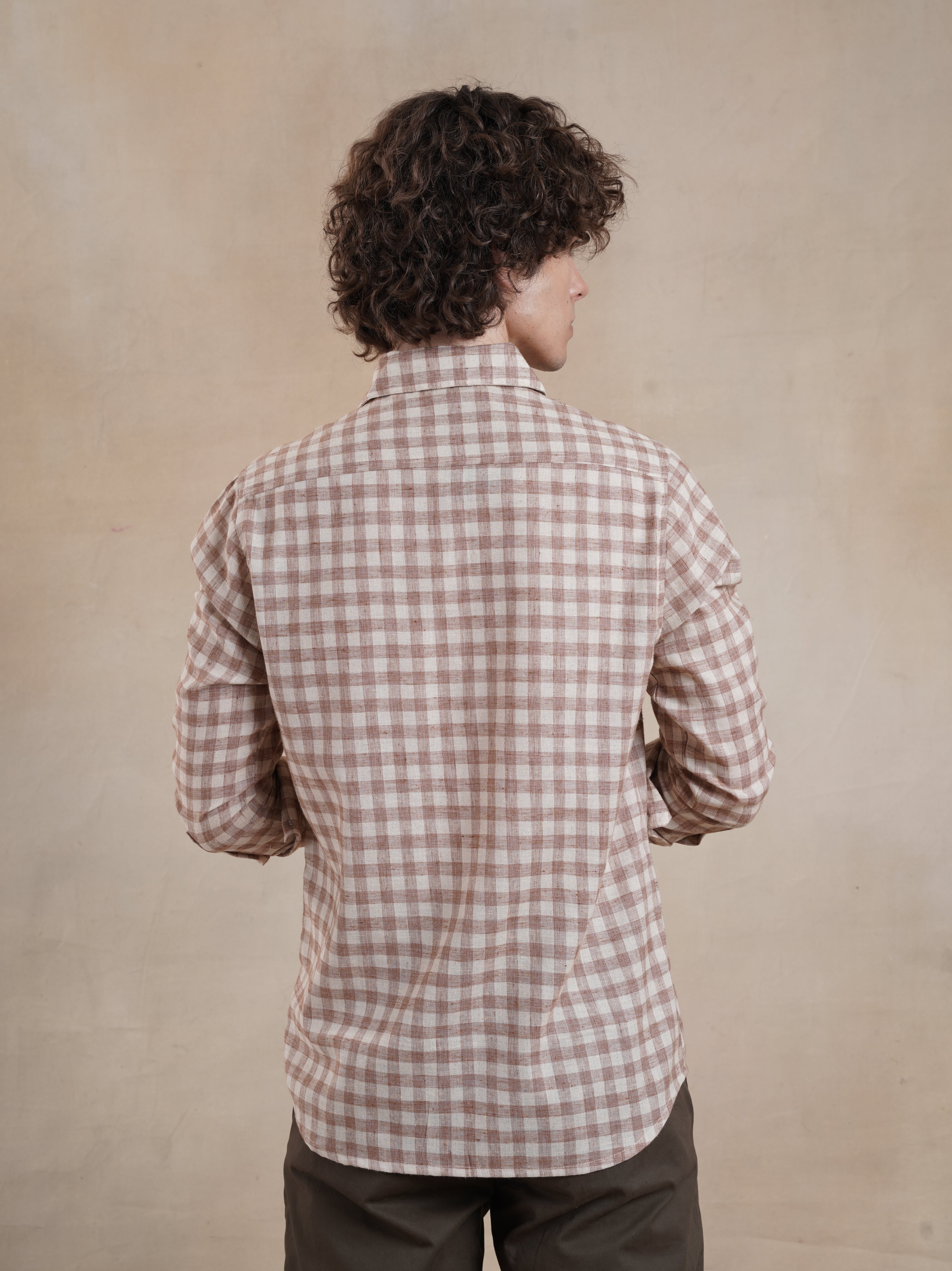 Men's Cotton Linen Brown Check Shirt