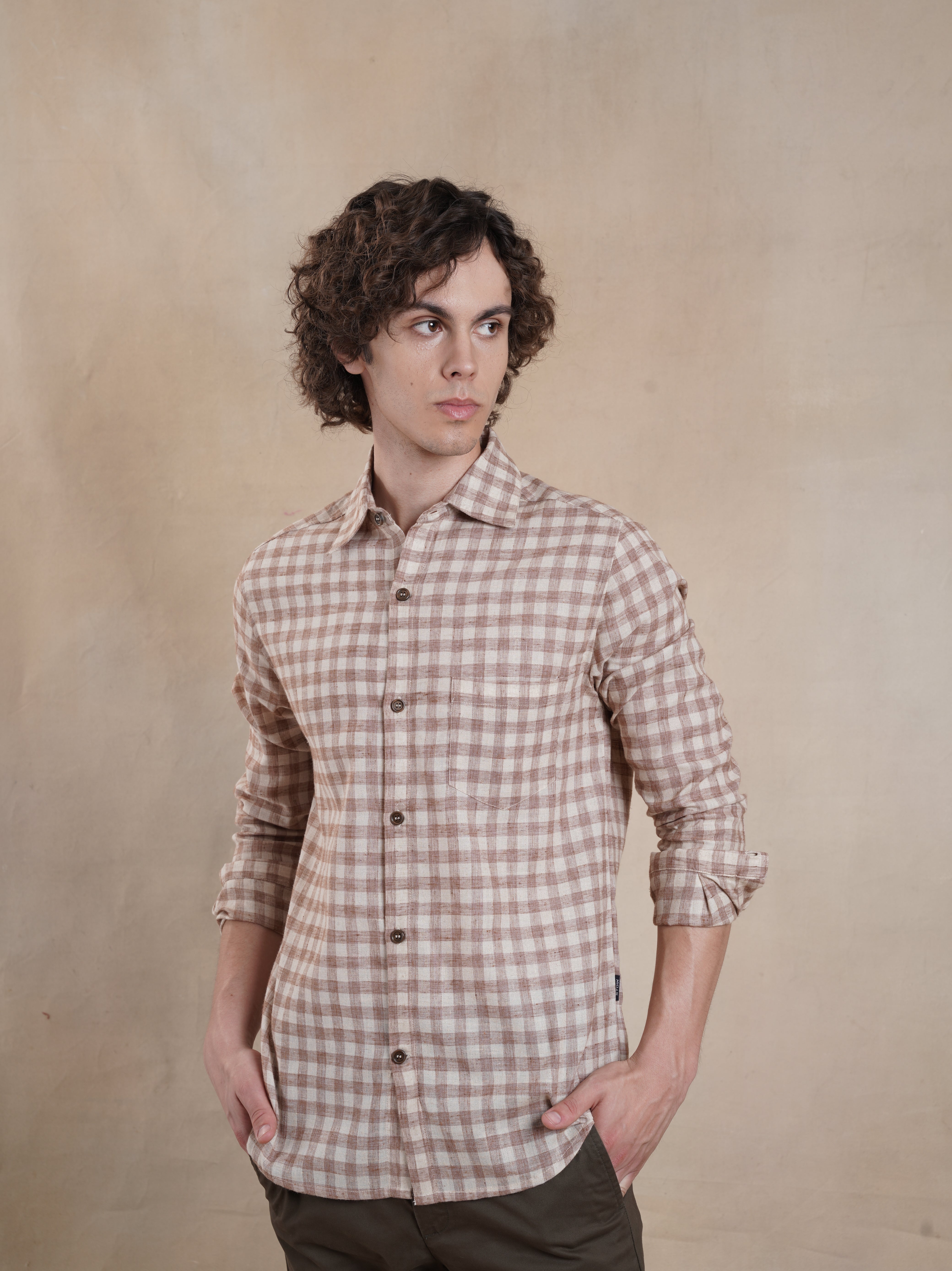 Men's Cotton Linen Brown Check Shirt