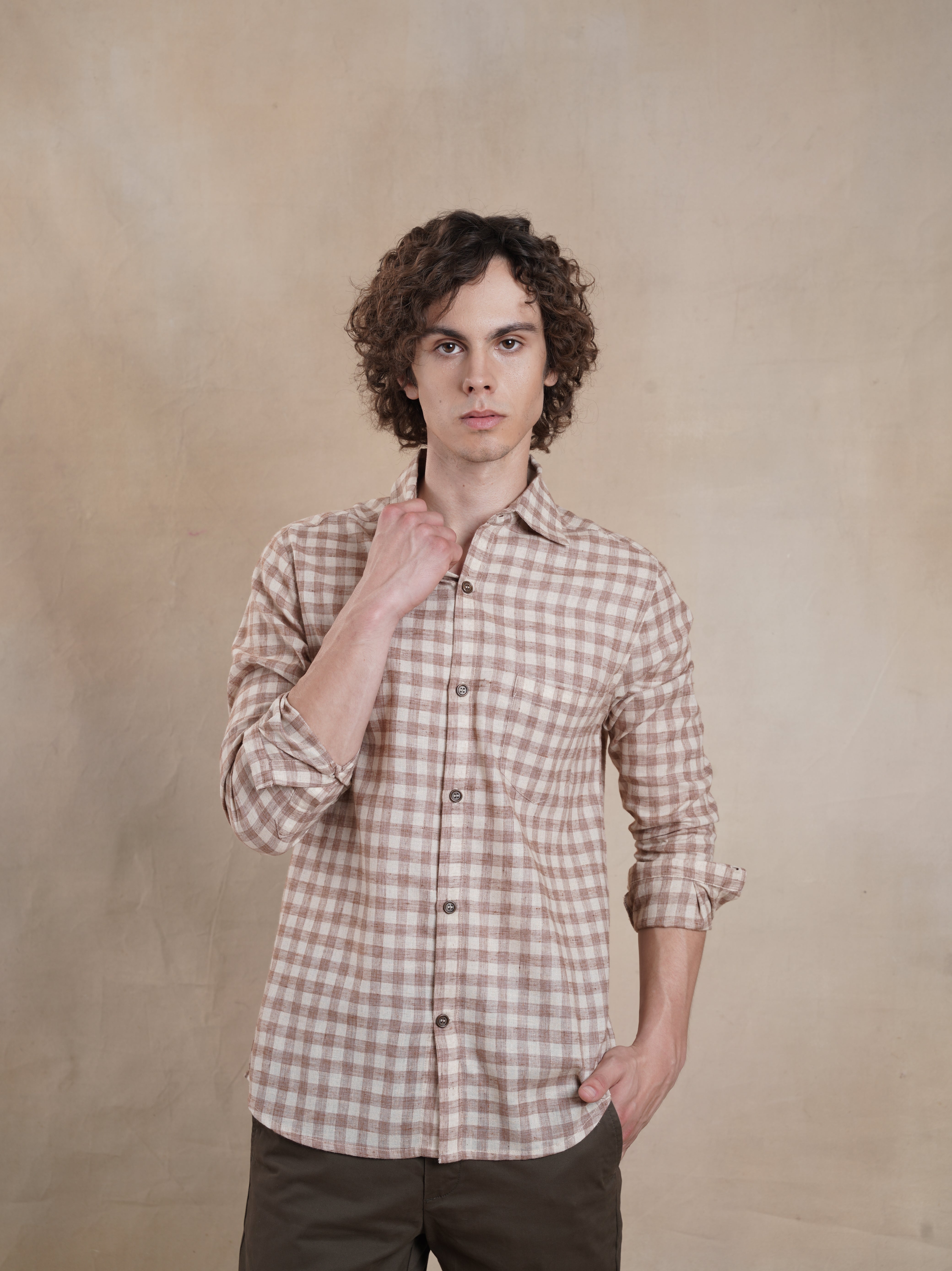 Men's Cotton Linen Brown Check Shirt