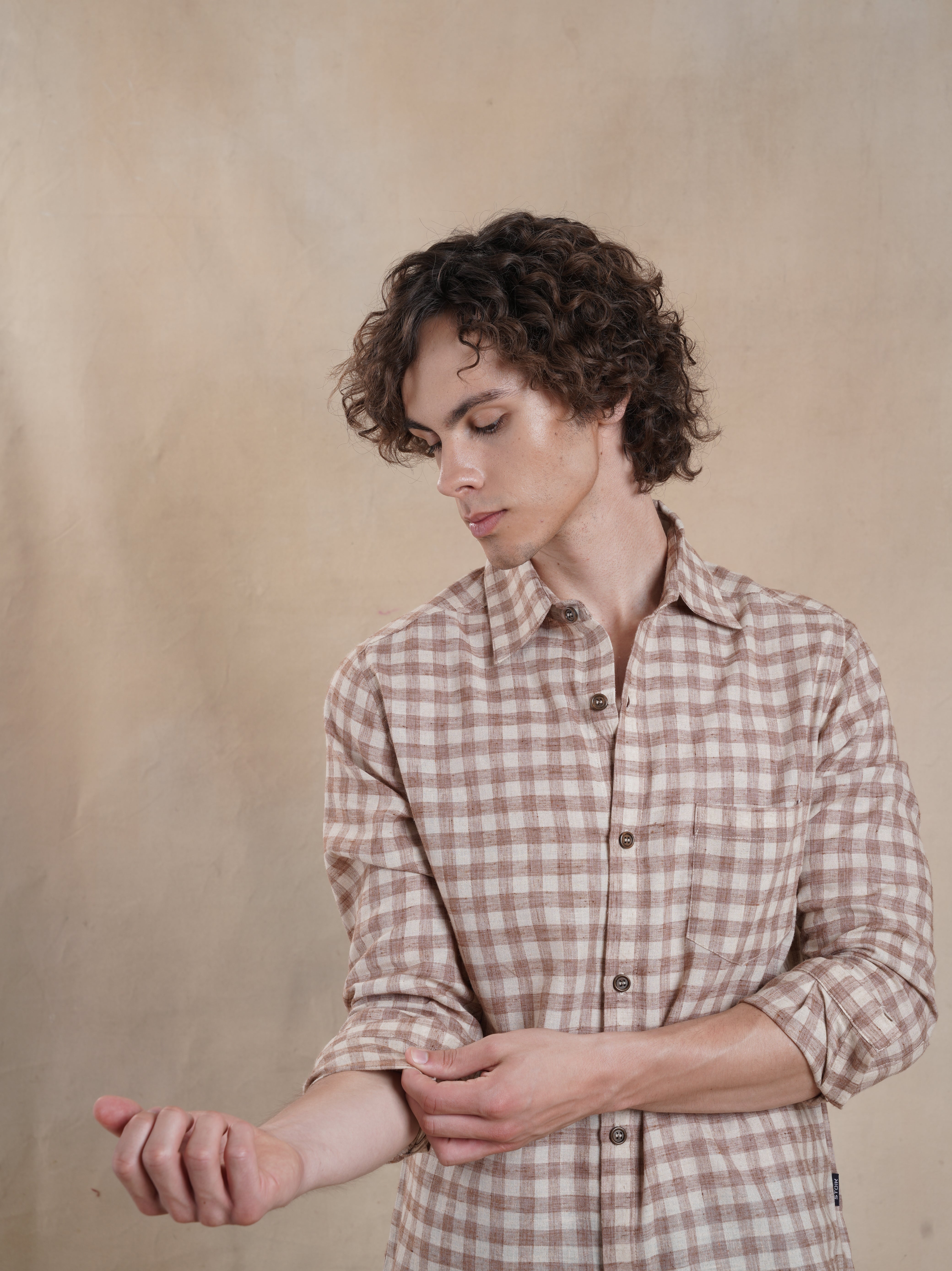 Men's Cotton Linen Brown Check Shirt