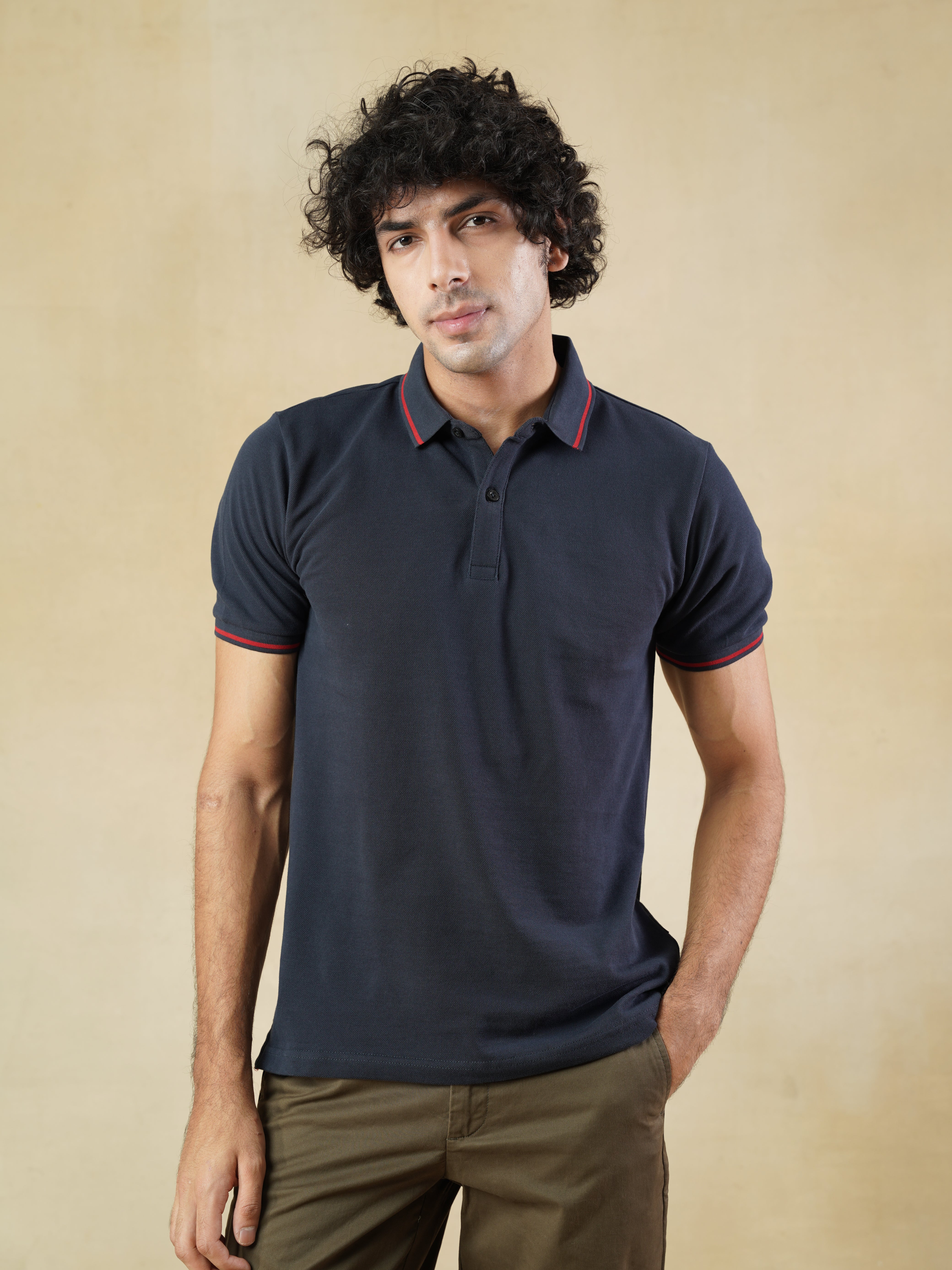 Men’s Navy Cotton Polo T-Shirt with Red Contrast Tipping