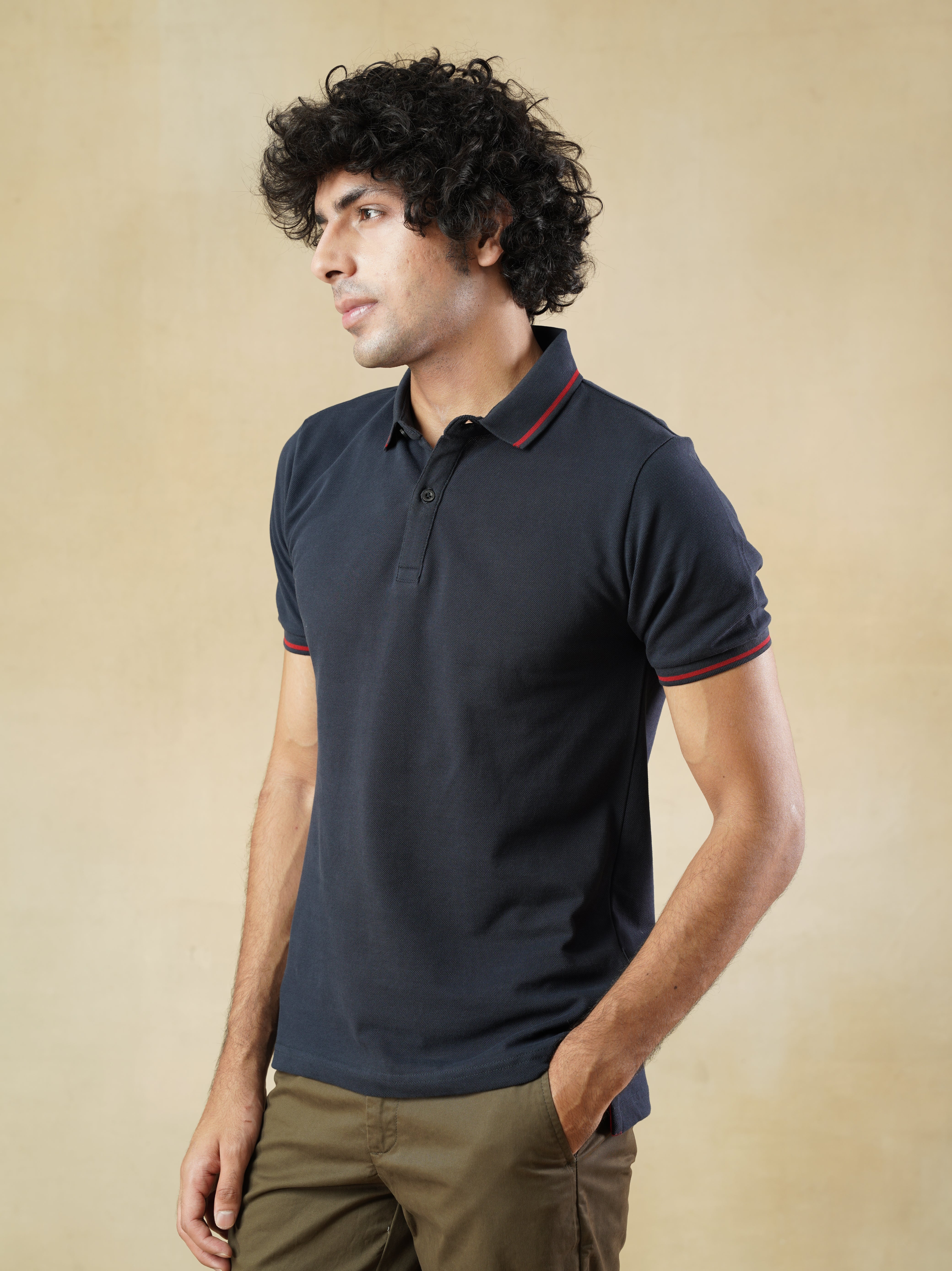 Men’s Navy Cotton Polo T-Shirt with Red Contrast Tipping