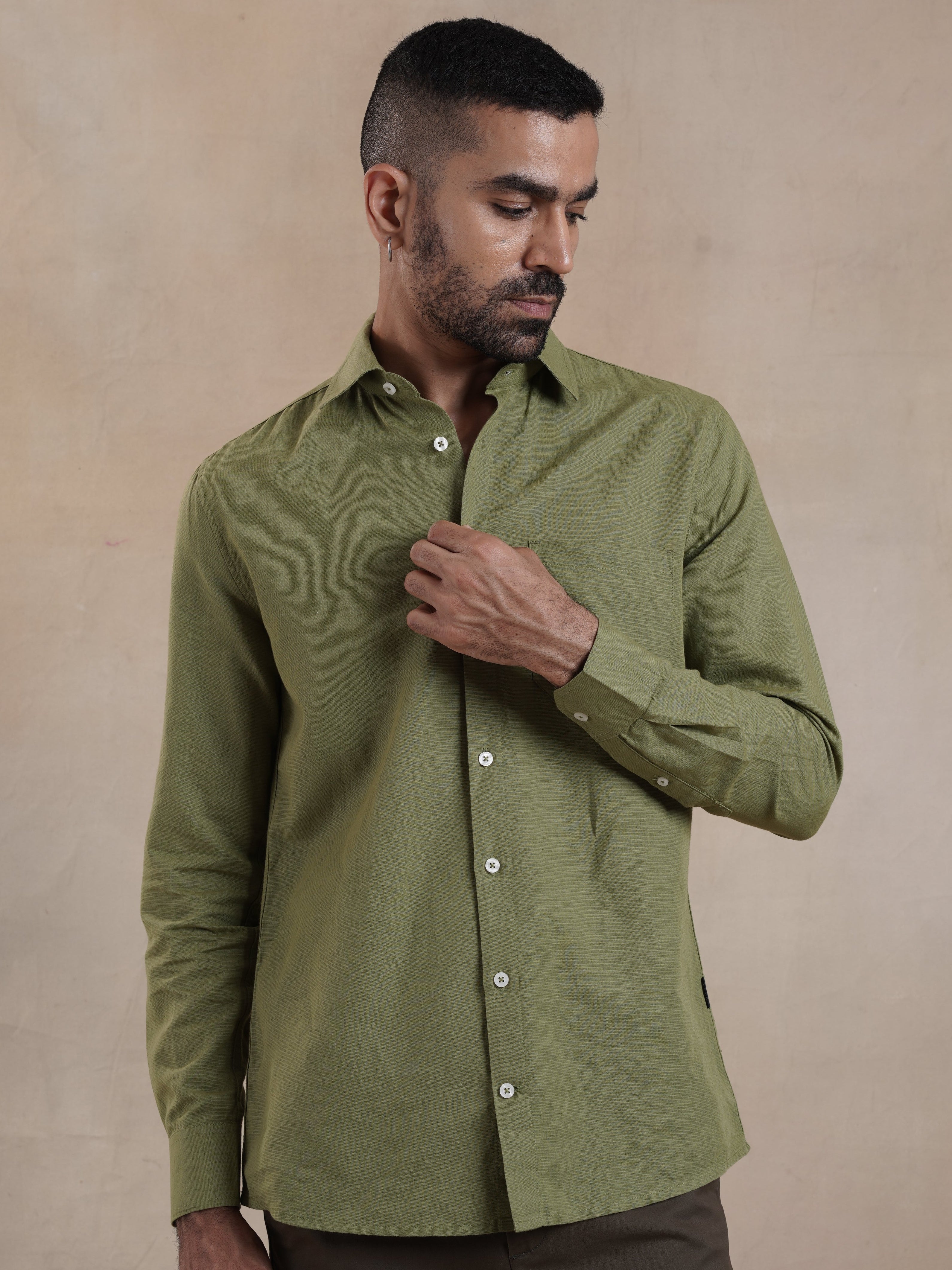 Men's Olive Full Sleeves Shirt with French Placket