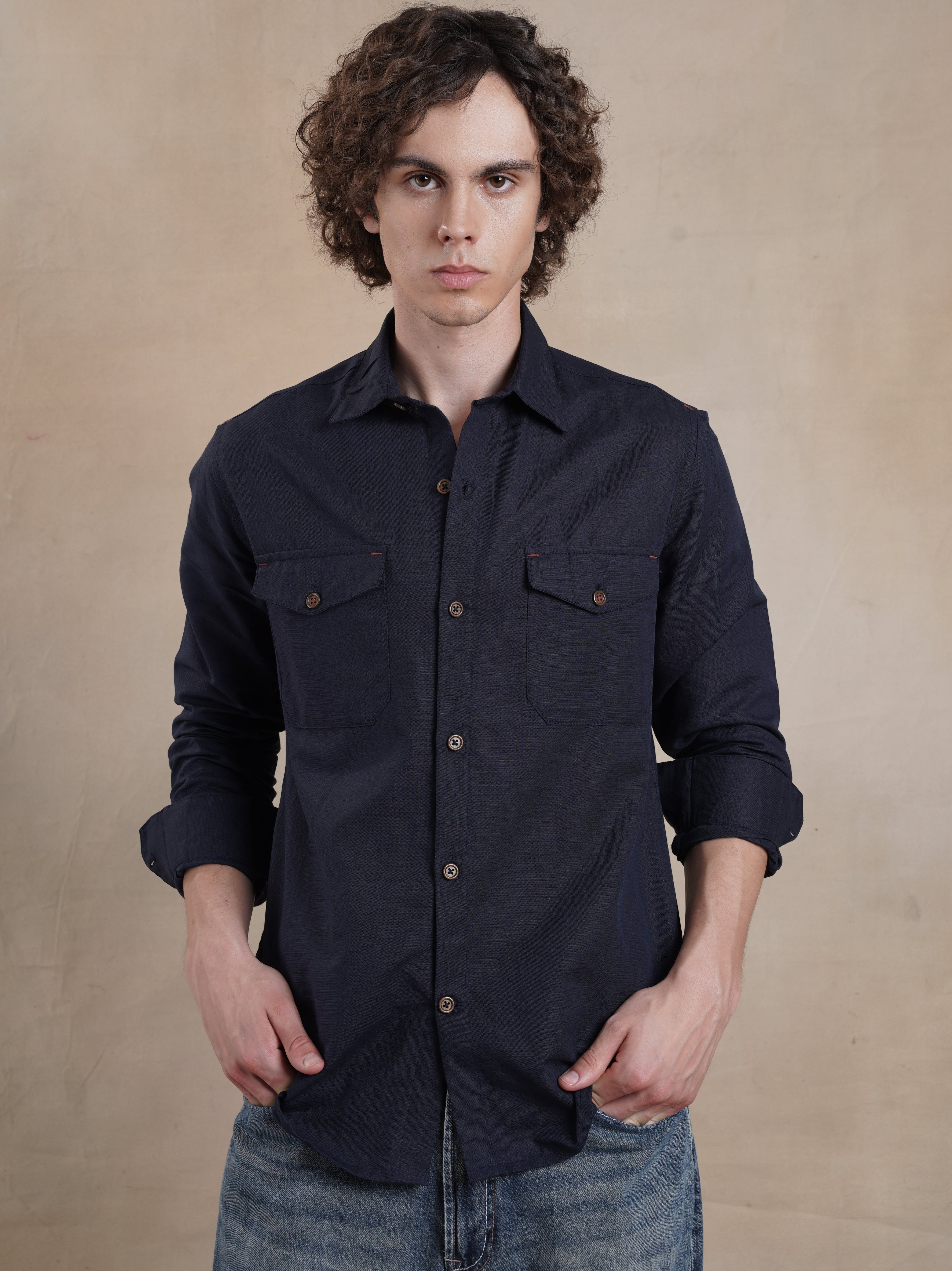 Men's Double Pocket Contrast Bartack Shirt