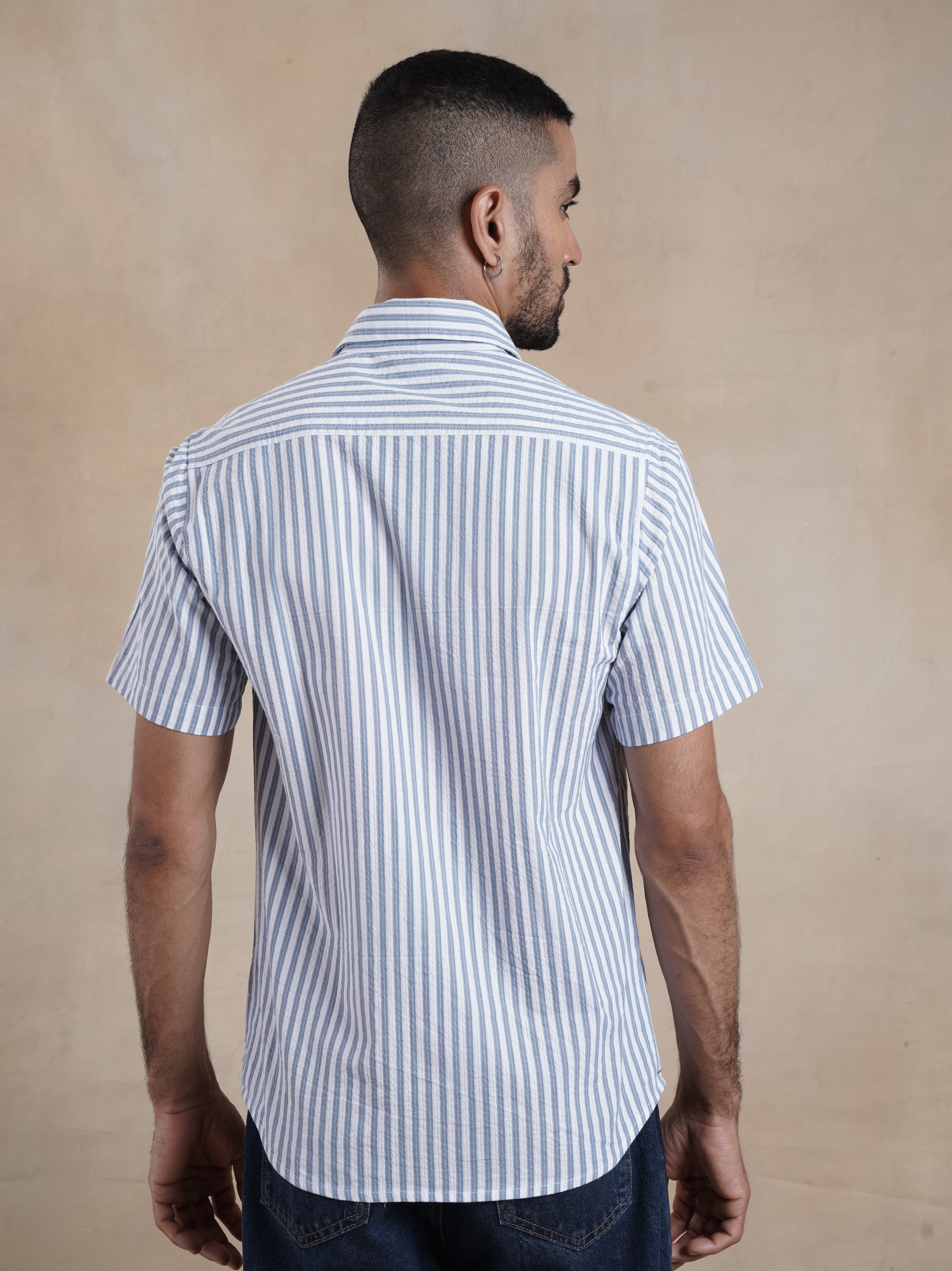 Men's White Striped Seersucker Shirt