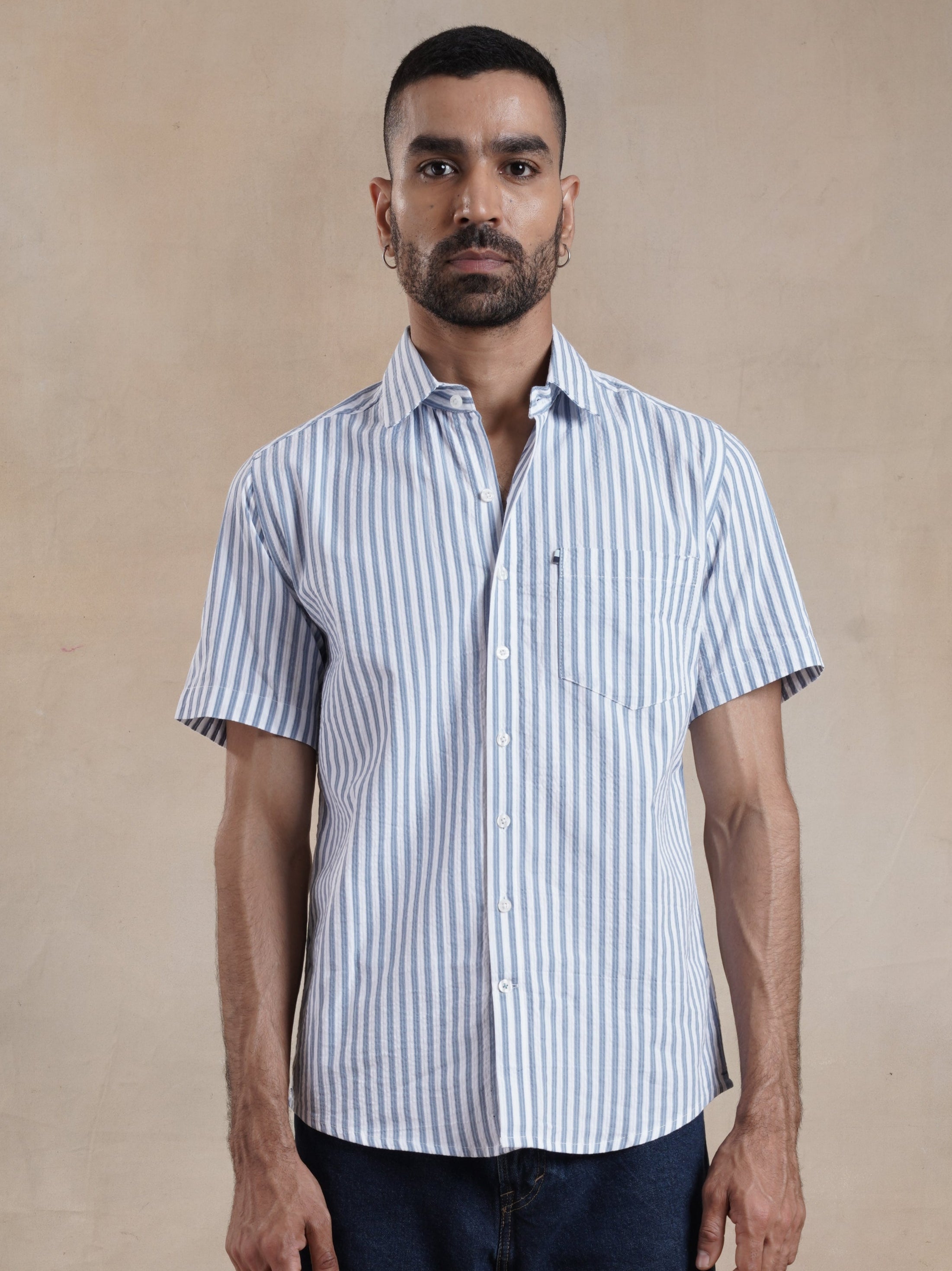 Men's White Striped Seersucker Shirt
