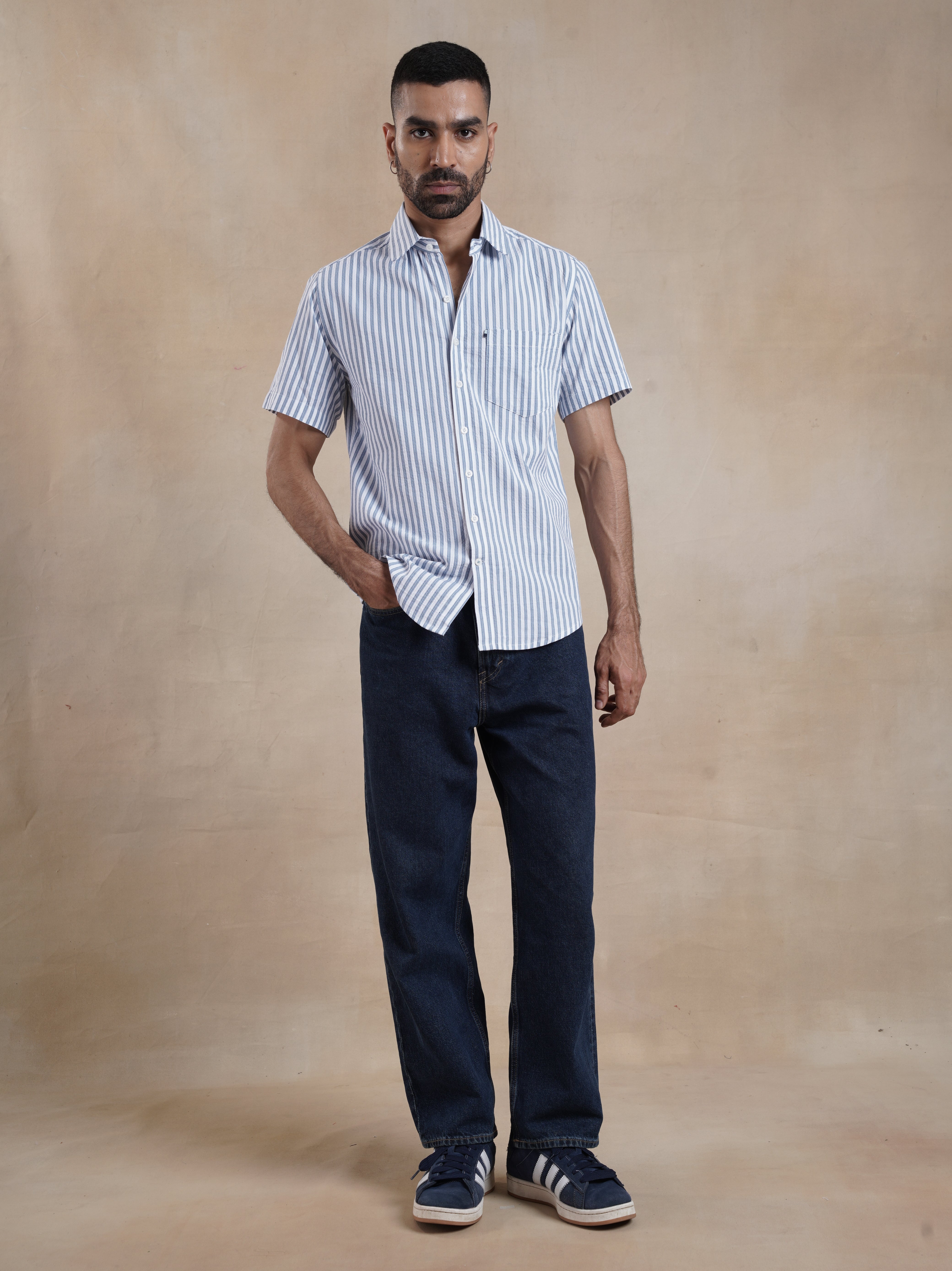 Men's White Striped Seersucker Shirt