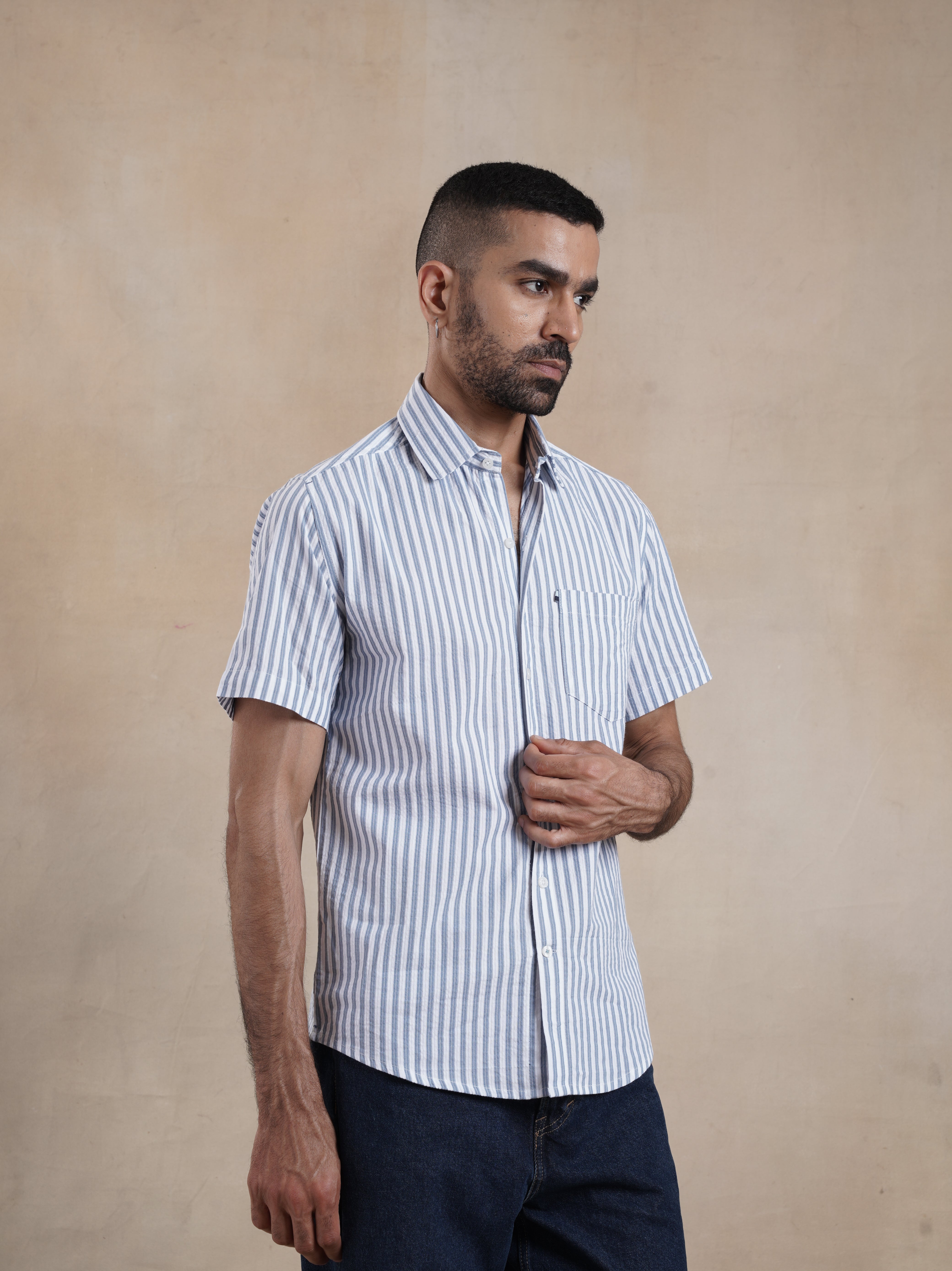 Men's White Striped Seersucker Shirt