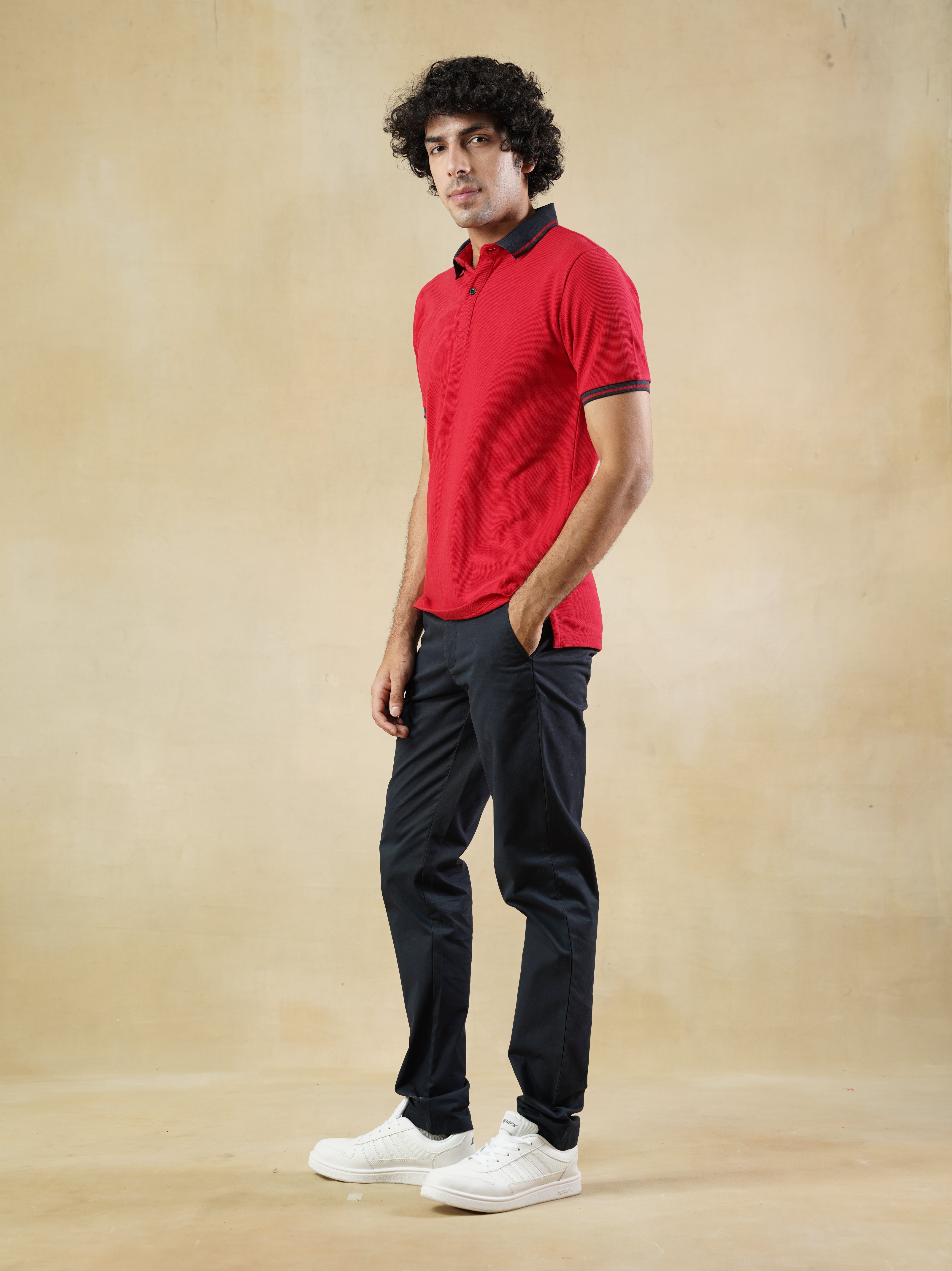 Red Pique Contrast Collar Cotton Polo T-shirt