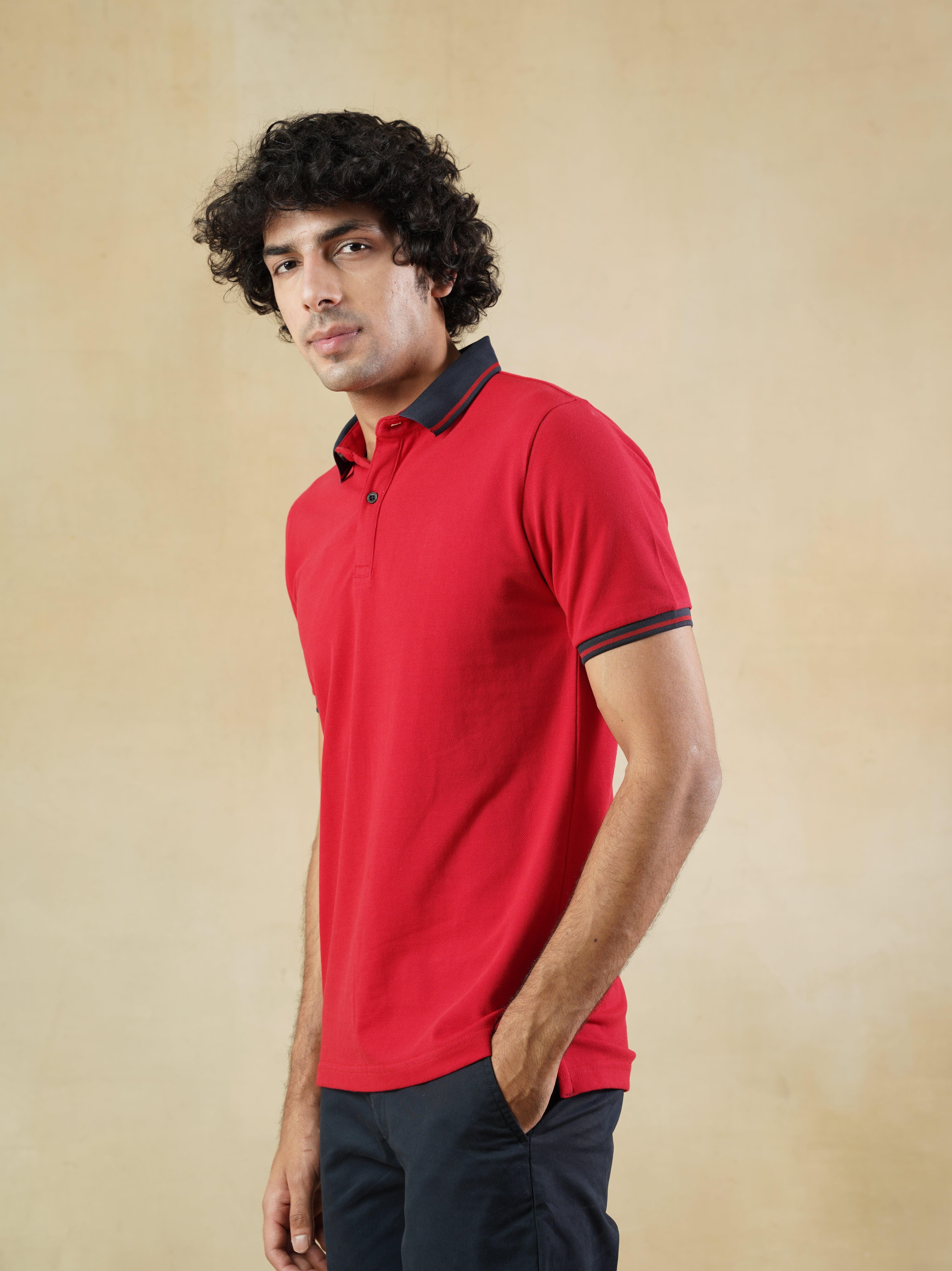Red Pique Contrast Collar Cotton Polo T-shirt