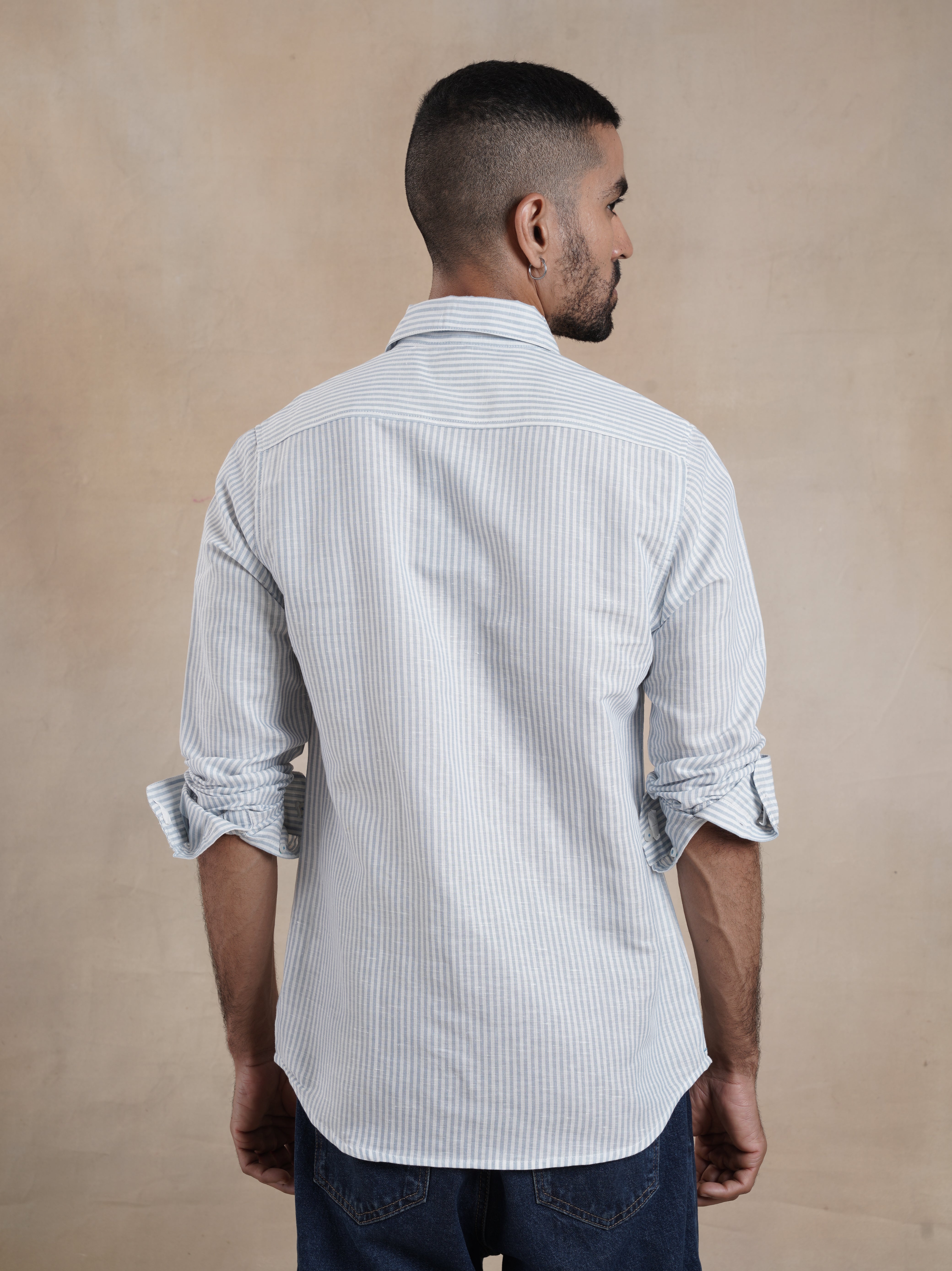 Men's Single Pocket Cotton Linen Stripe Shirt