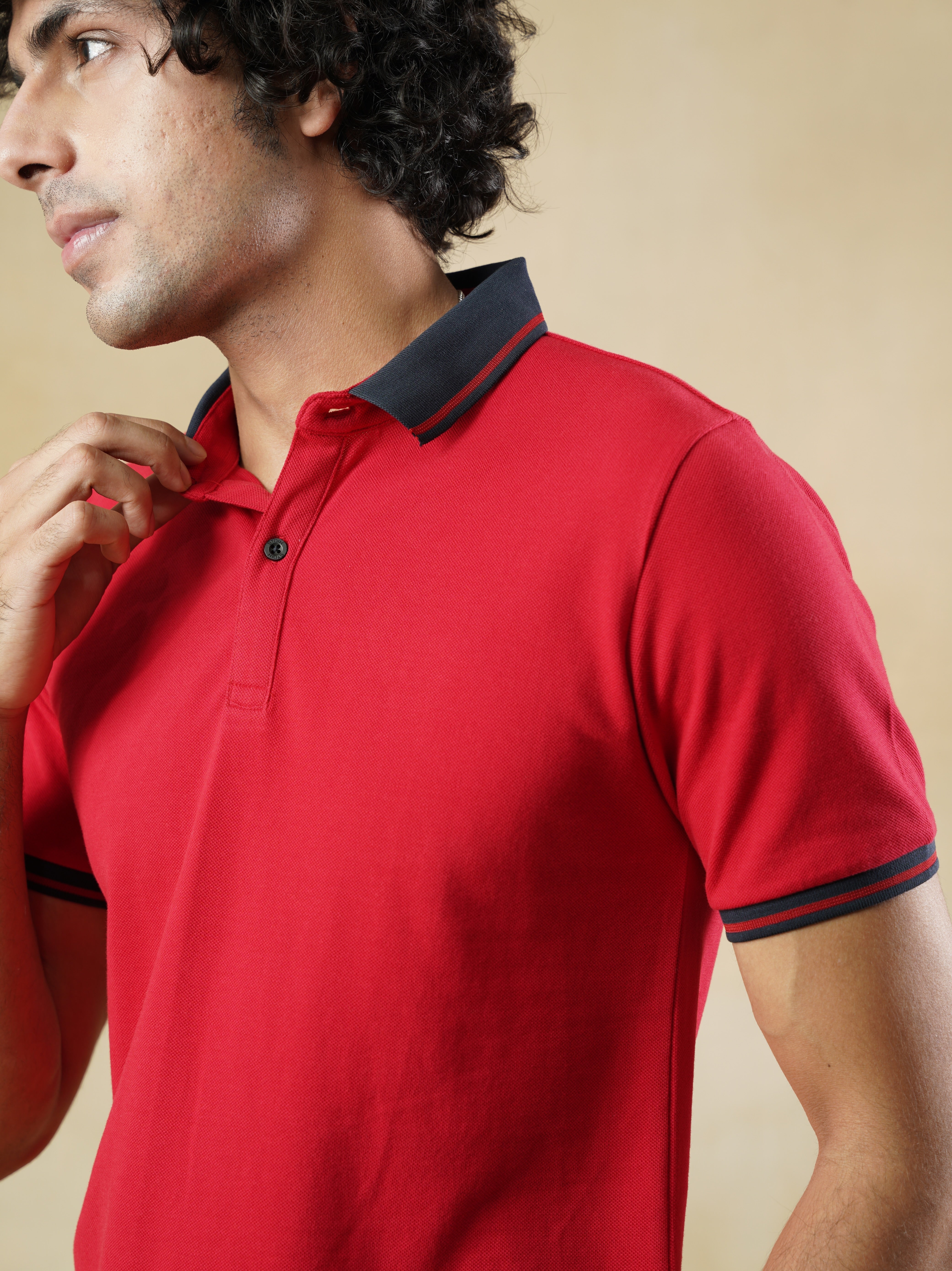 Red Pique Contrast Collar Cotton Polo T-shirt