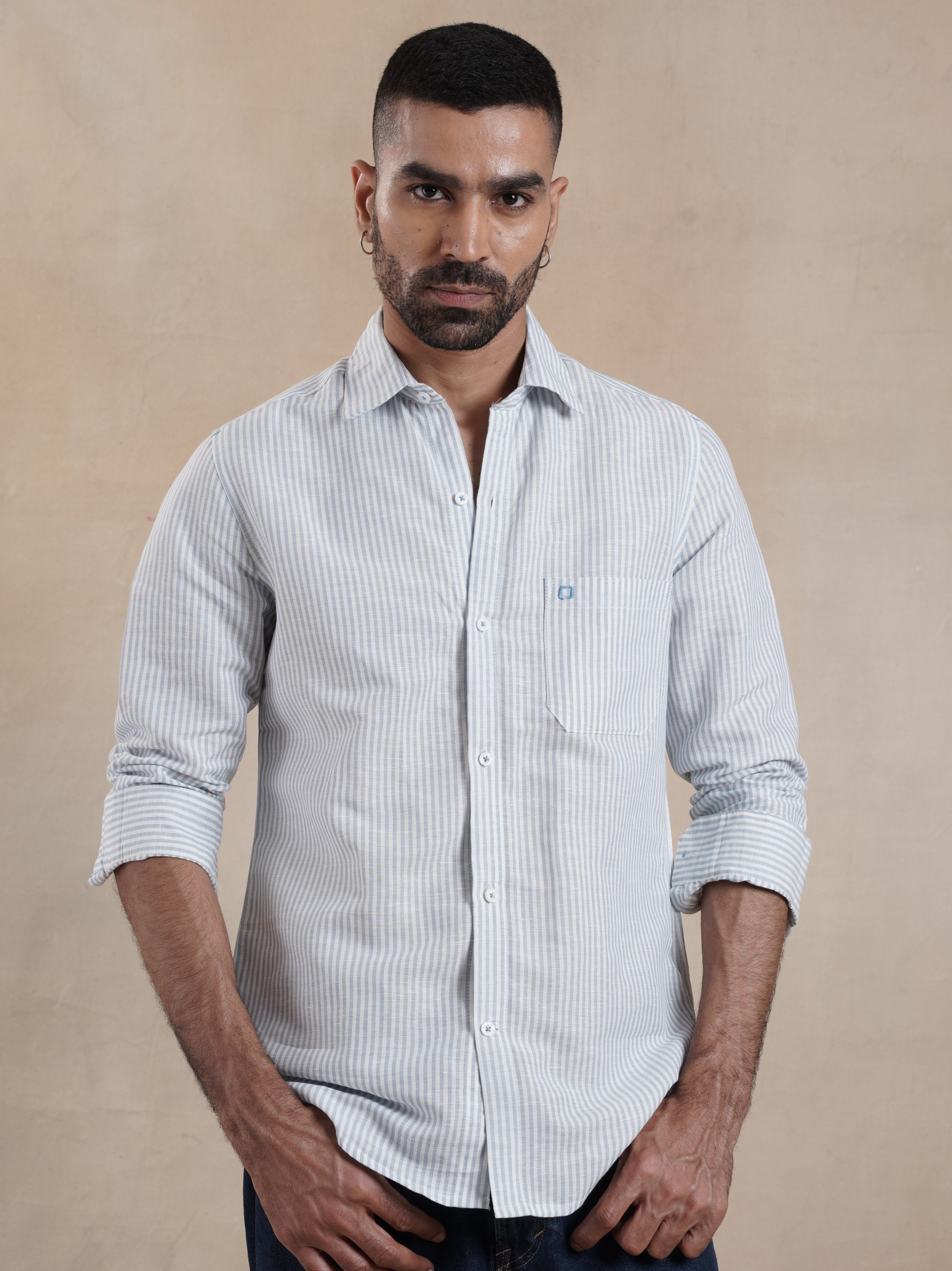 Men's Single Pocket Cotton Linen Stripe Shirt