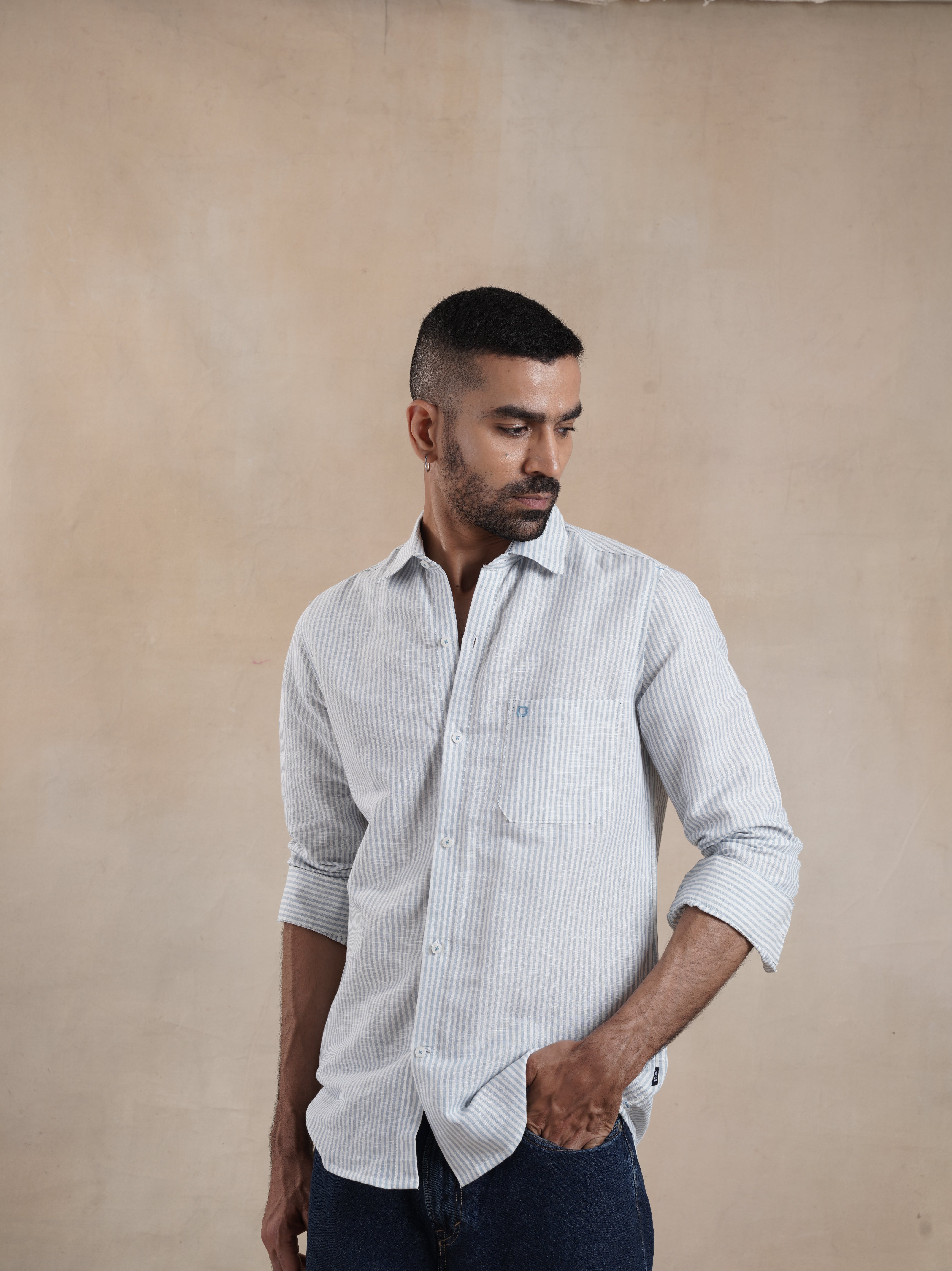 Men's Single Pocket Cotton Linen Stripe Shirt