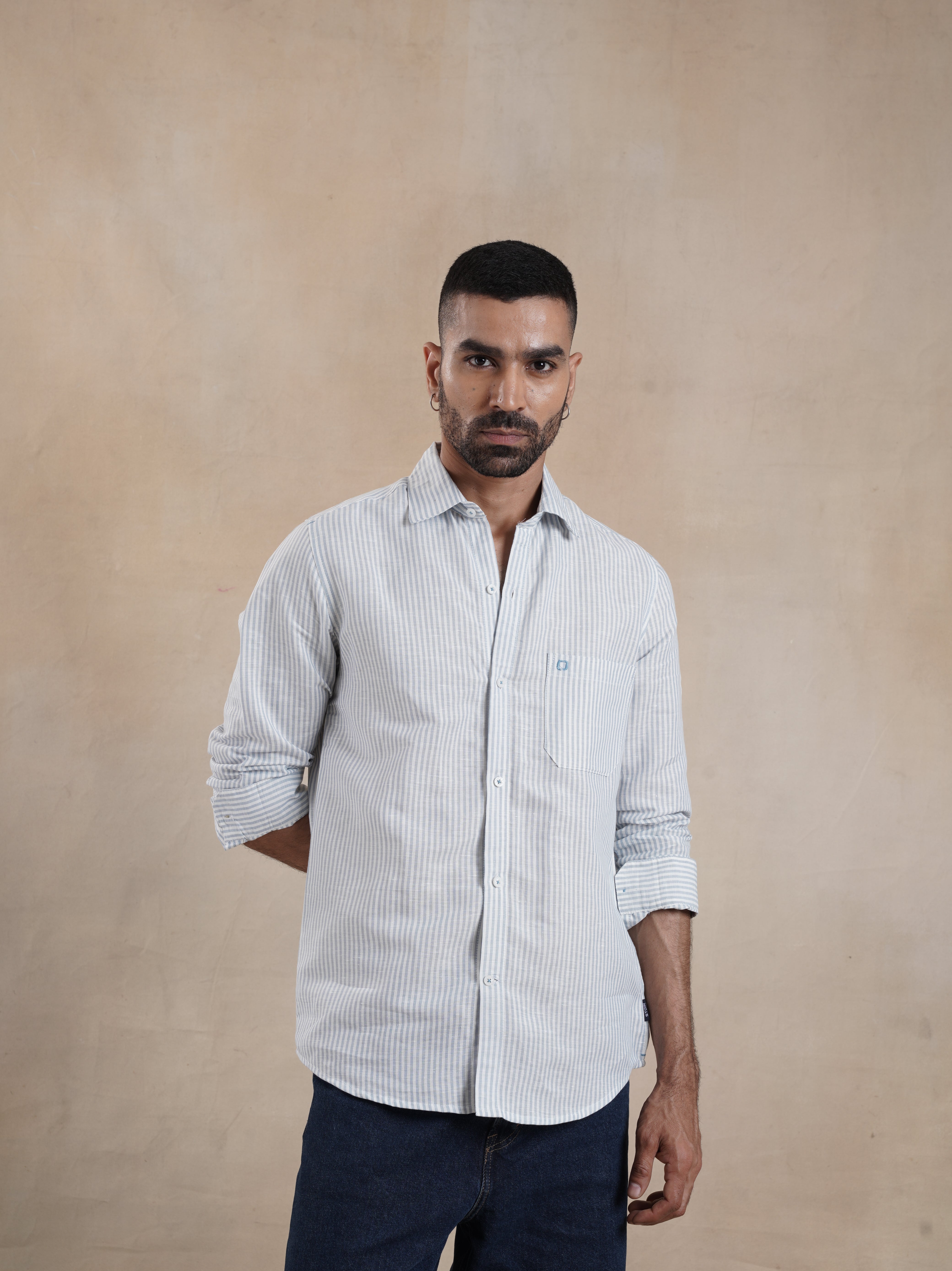 Men's Single Pocket Cotton Linen Stripe Shirt