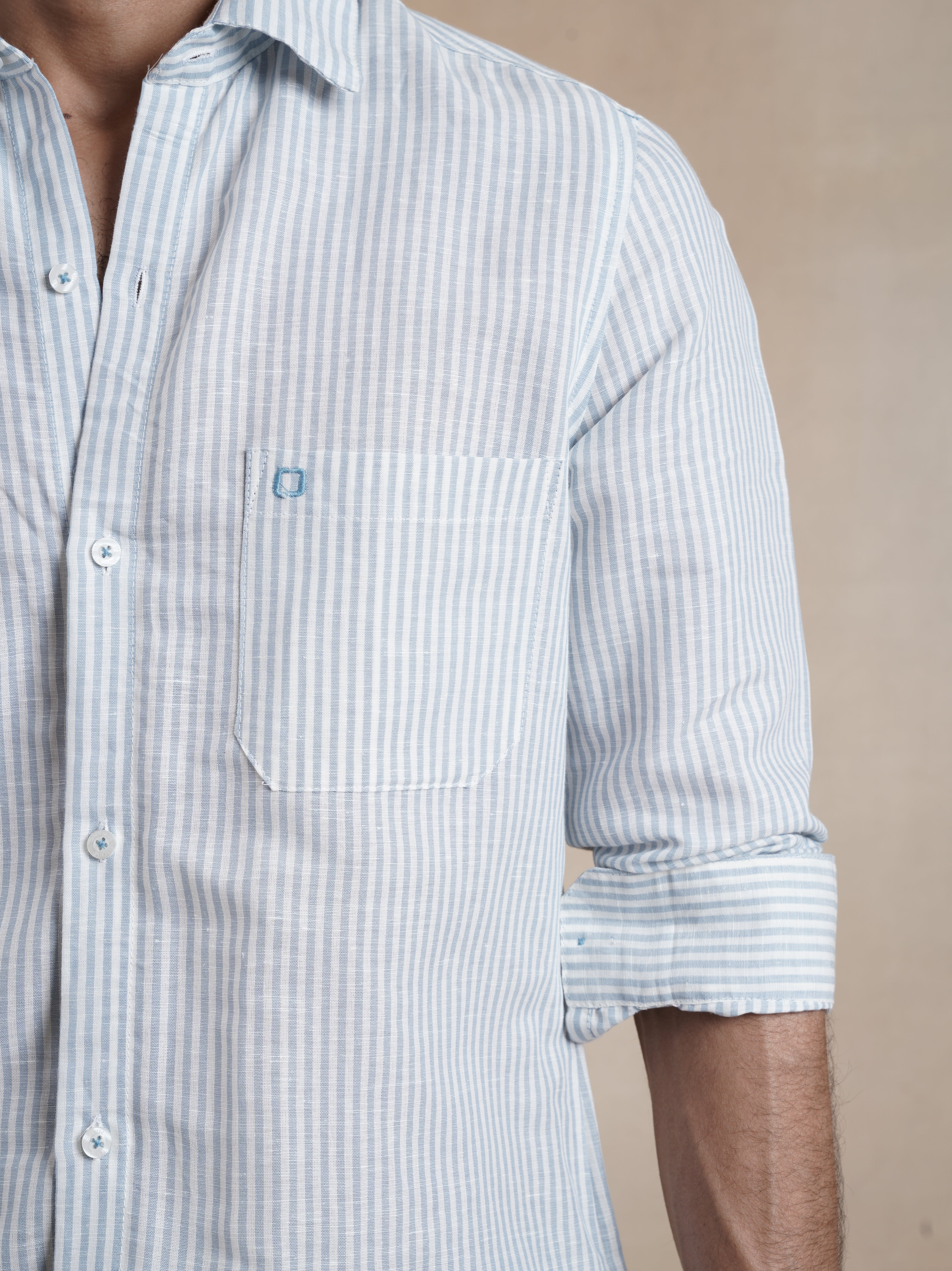 Men's Single Pocket Cotton Linen Stripe Shirt