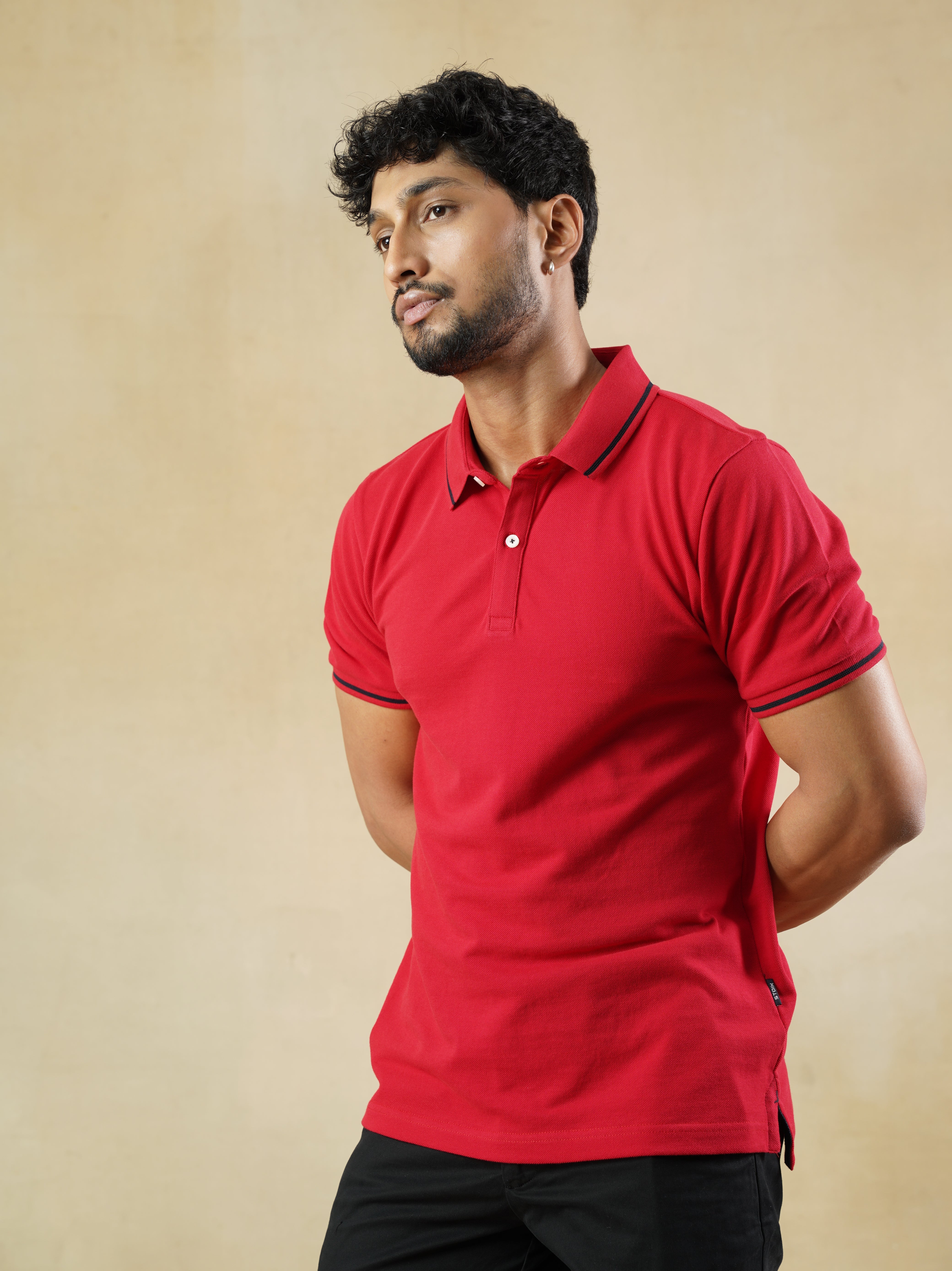 Red Cotton Polo T-shirt with contrast tipping