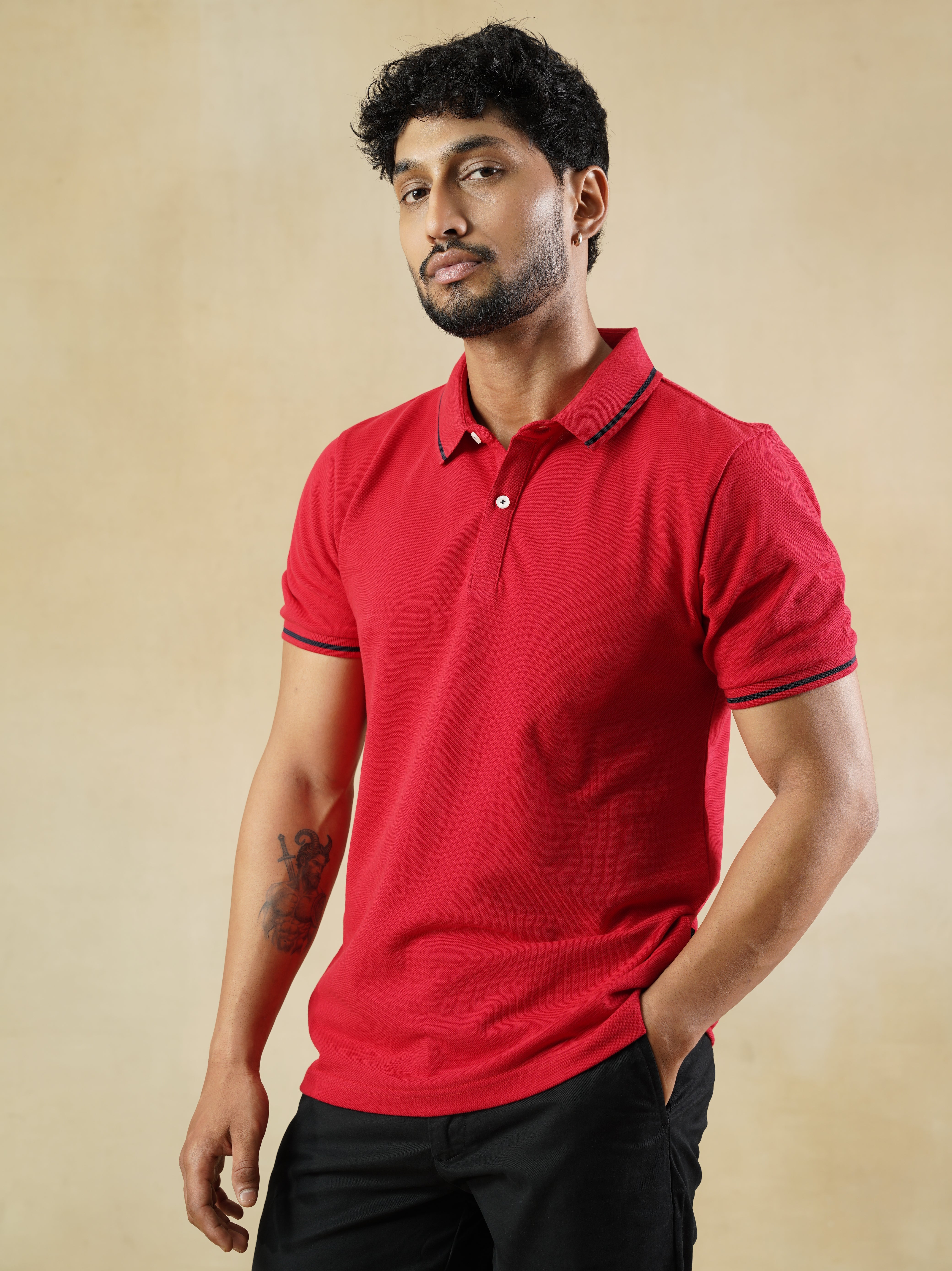 Red Cotton Polo T-shirt with contrast tipping