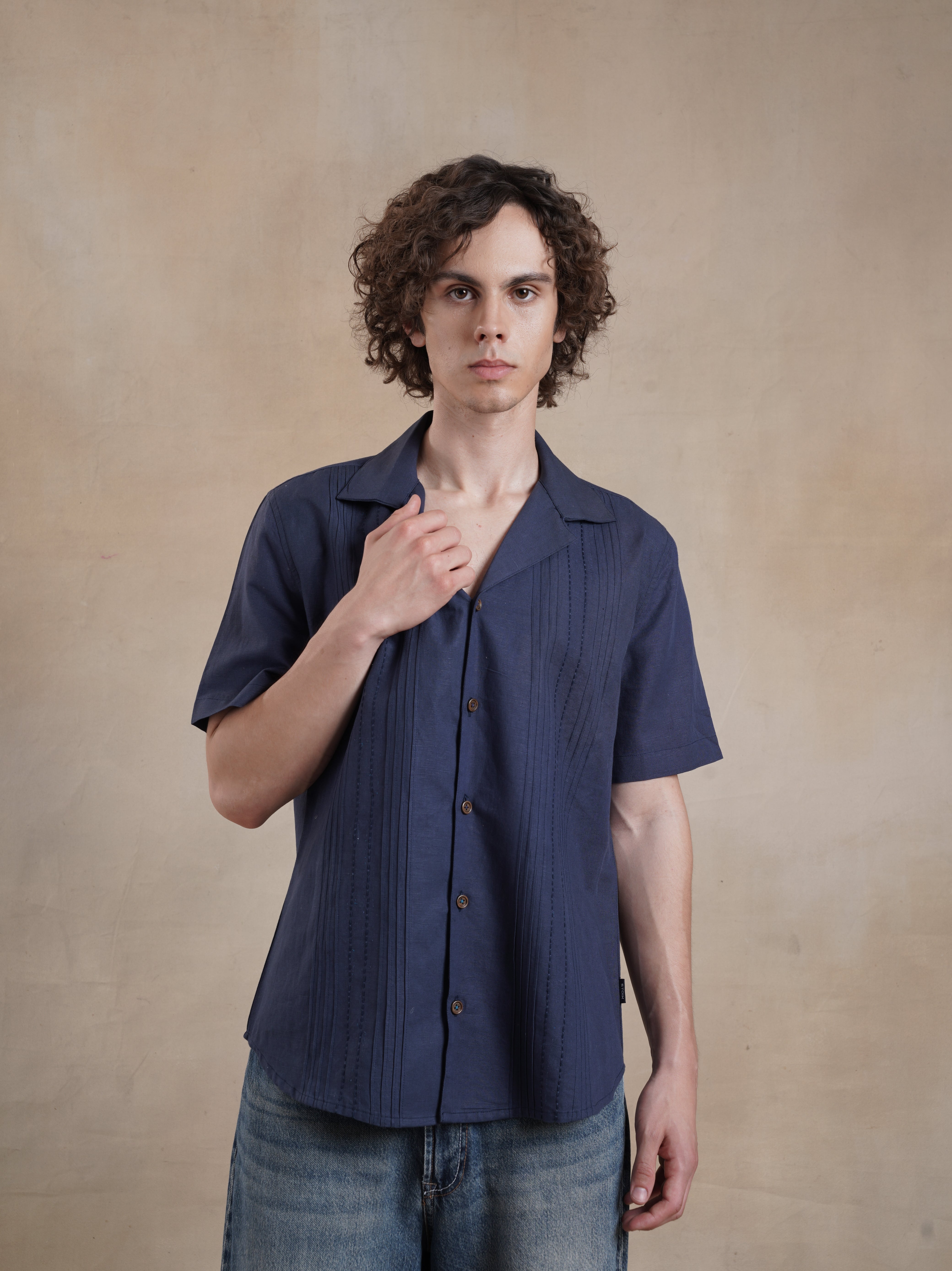 Men's Pleated Cotton Linen Kantha Shirt