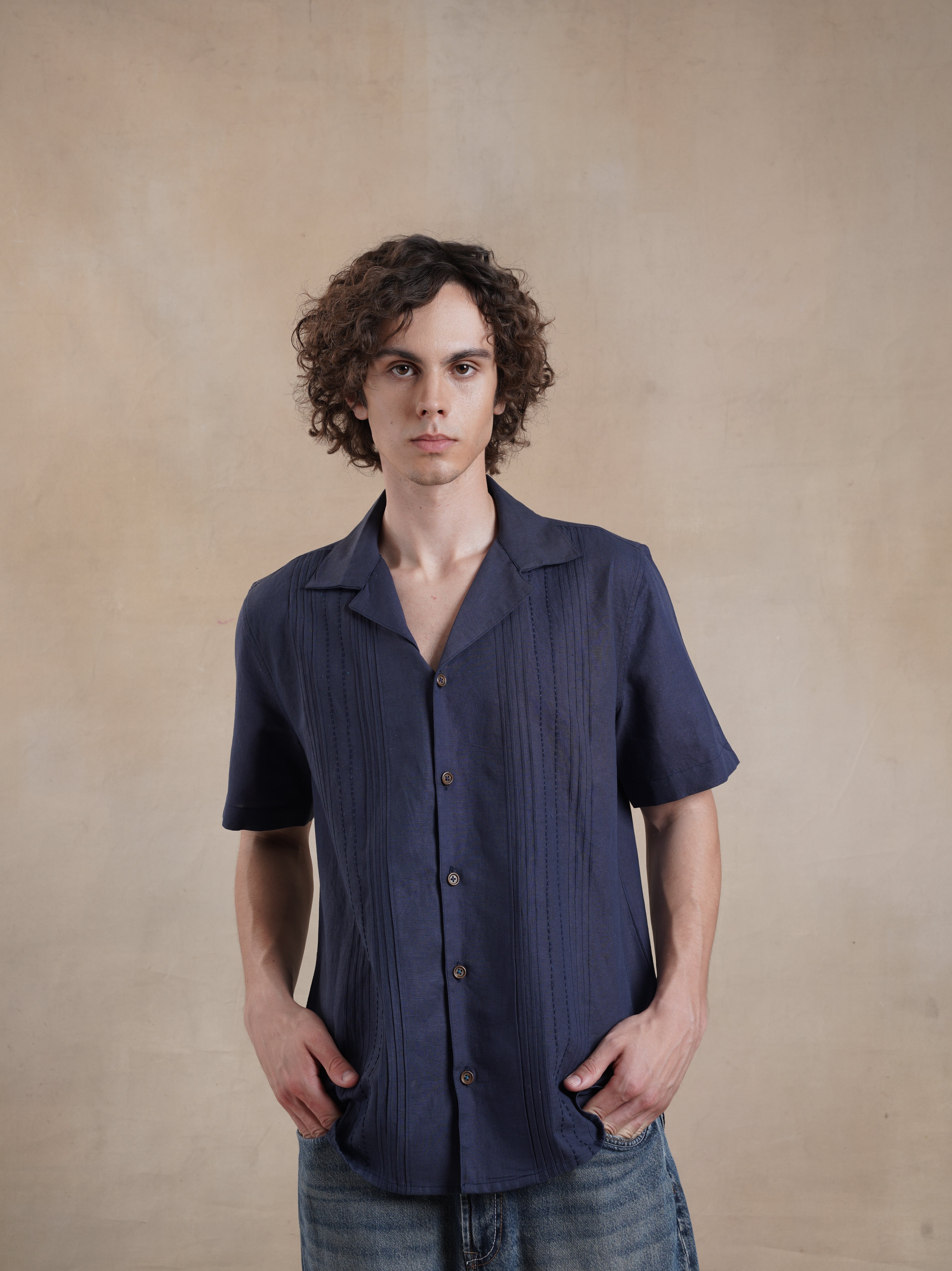 Men's Pleated Cotton Linen Kantha Shirt