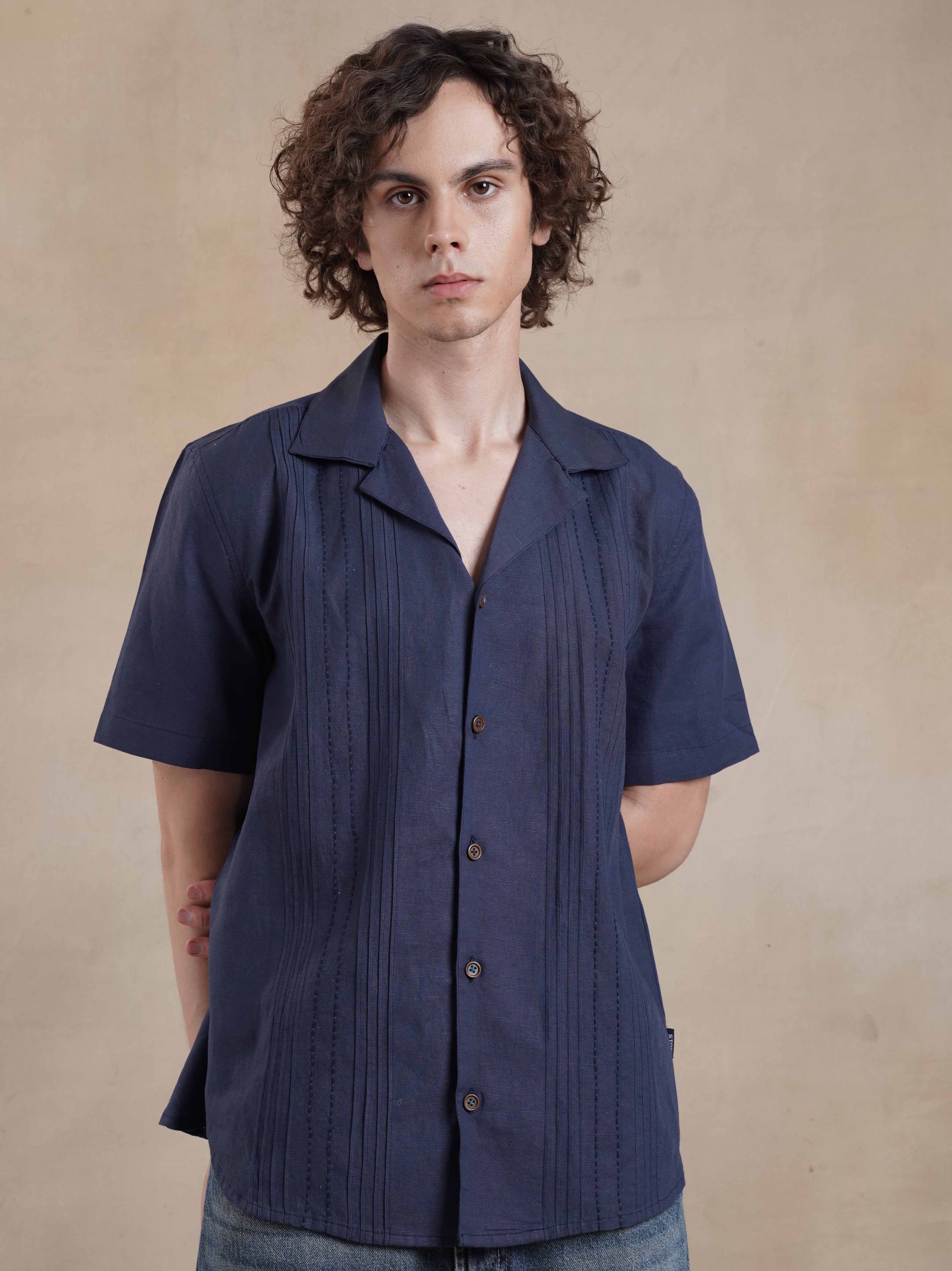 Men's Pleated Cotton Linen Kantha Shirt