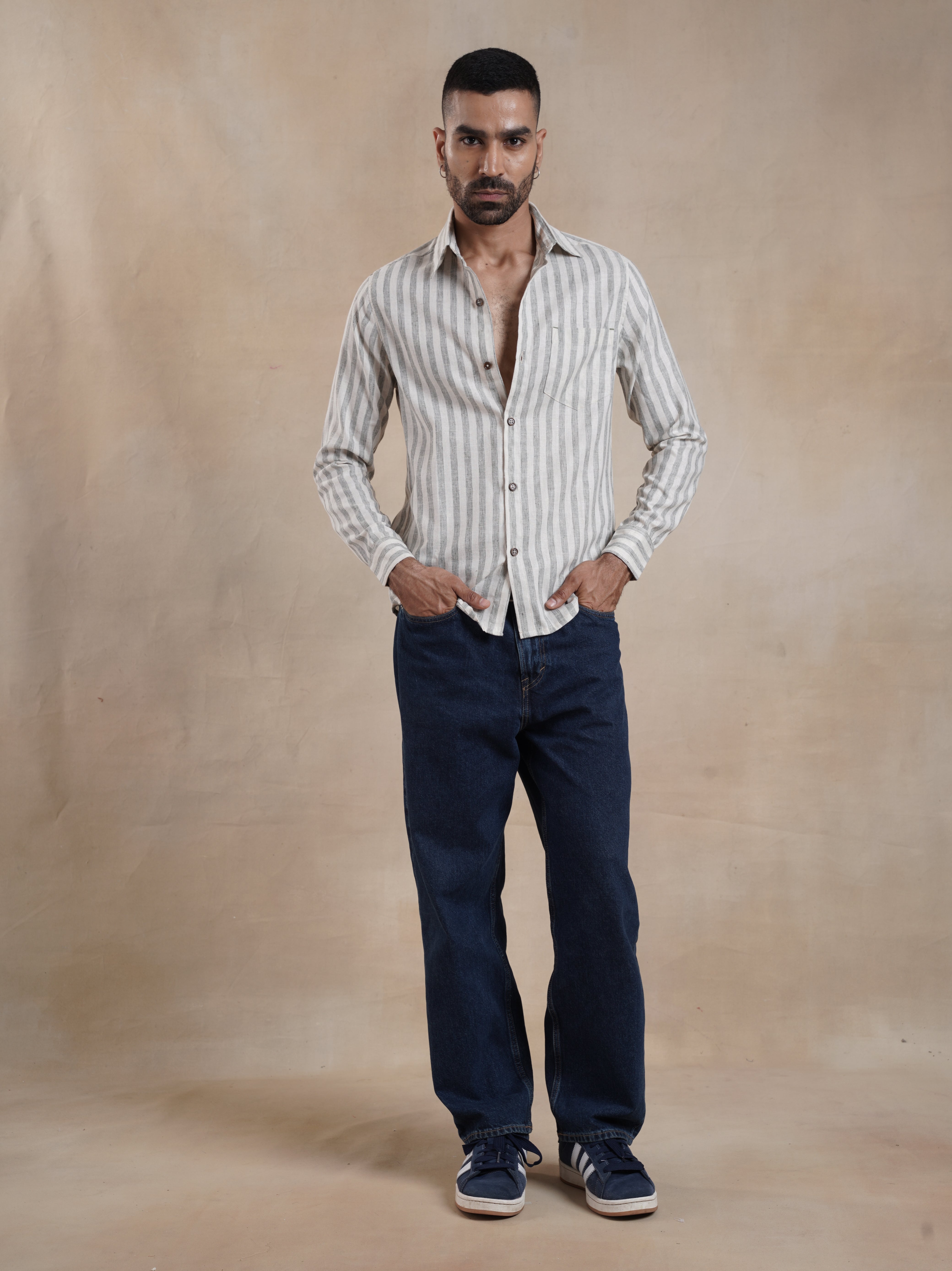 Men's Cotton Linen Green Stripe Shirt