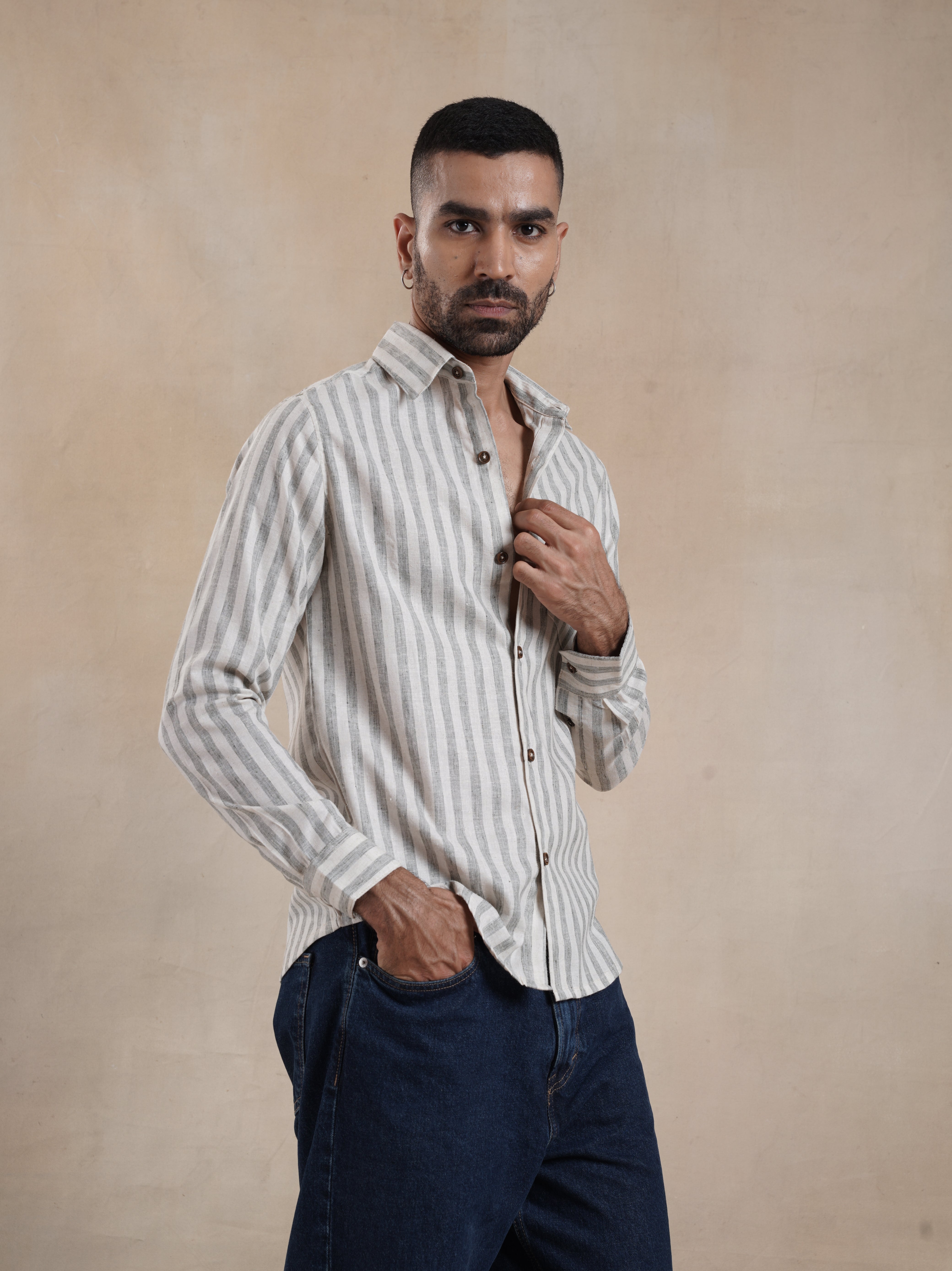 Men's Cotton Linen Green Stripe Shirt