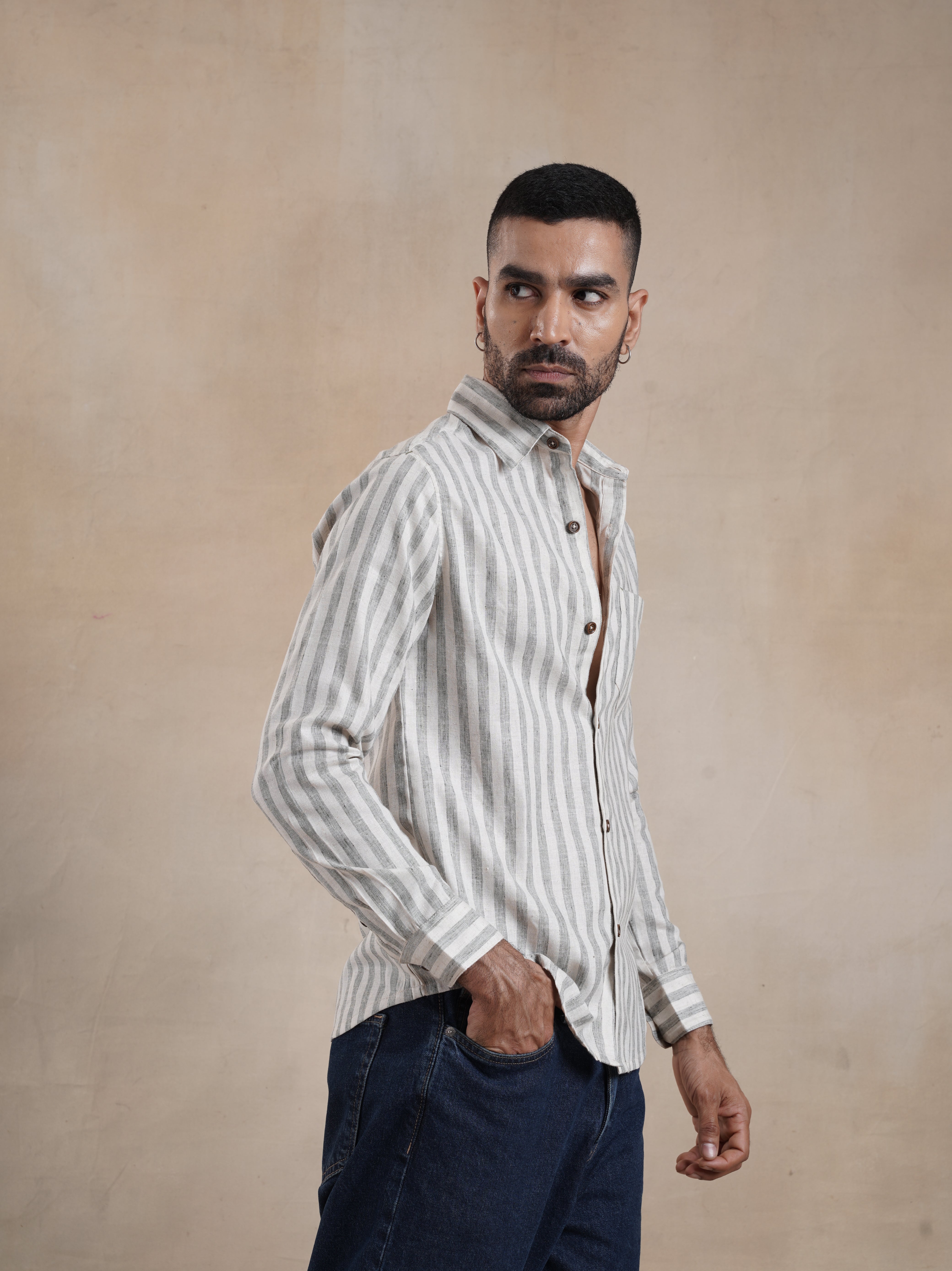 Men's Cotton Linen Green Stripe Shirt