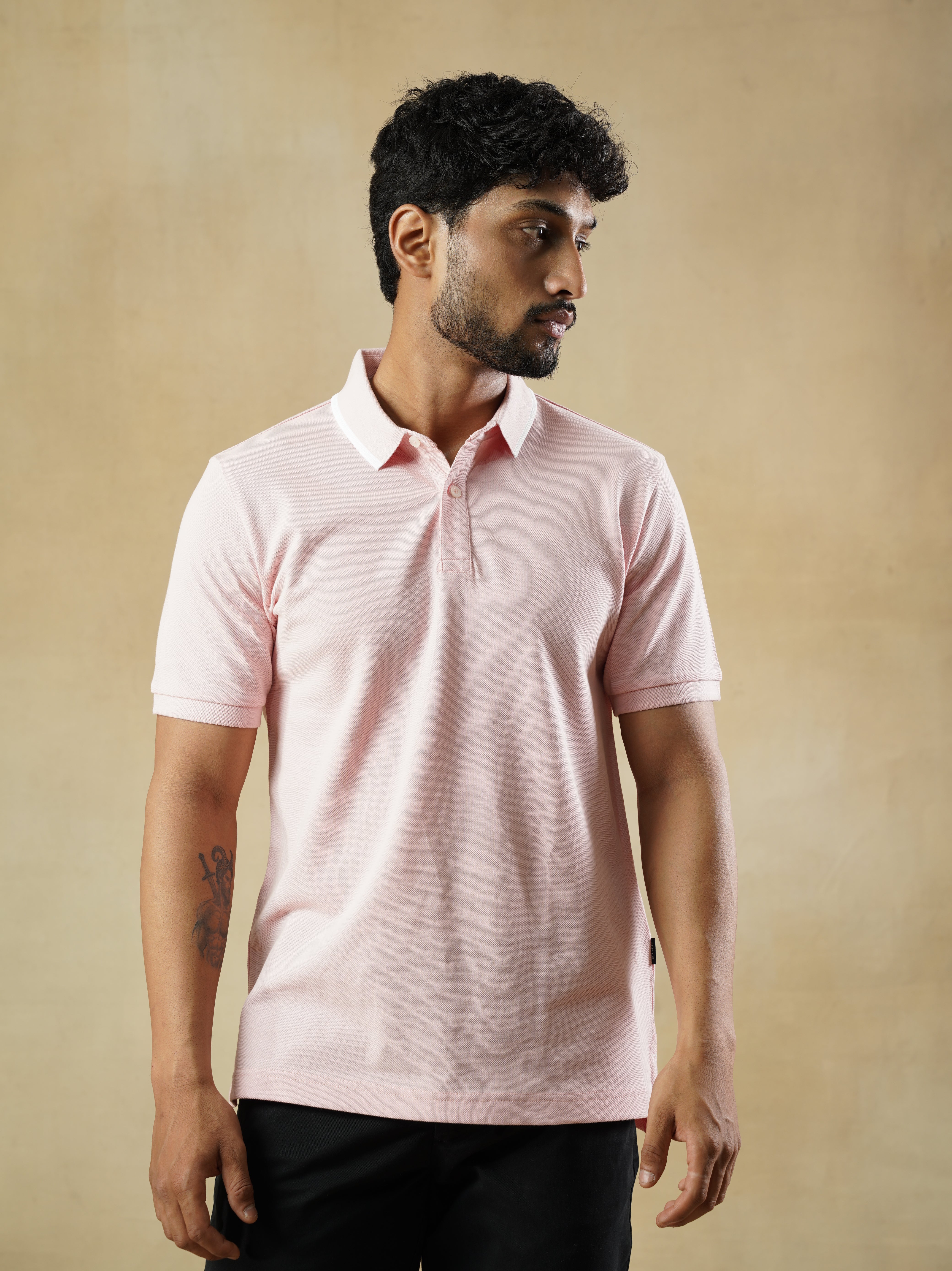 Men's 100% cotton Pink Polo Neck T-Shirt