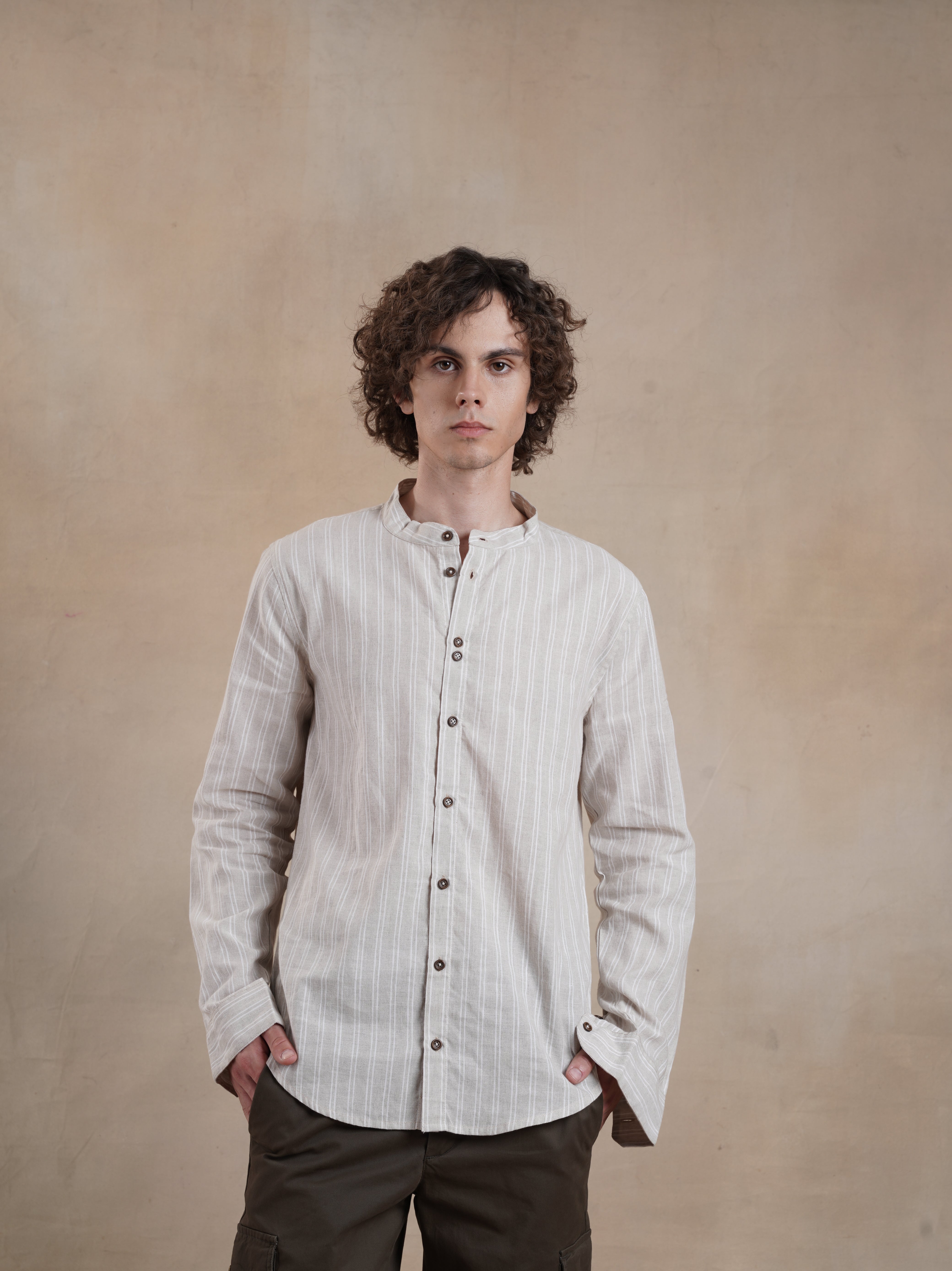 Men's Striped Mandarin Collar Shirt