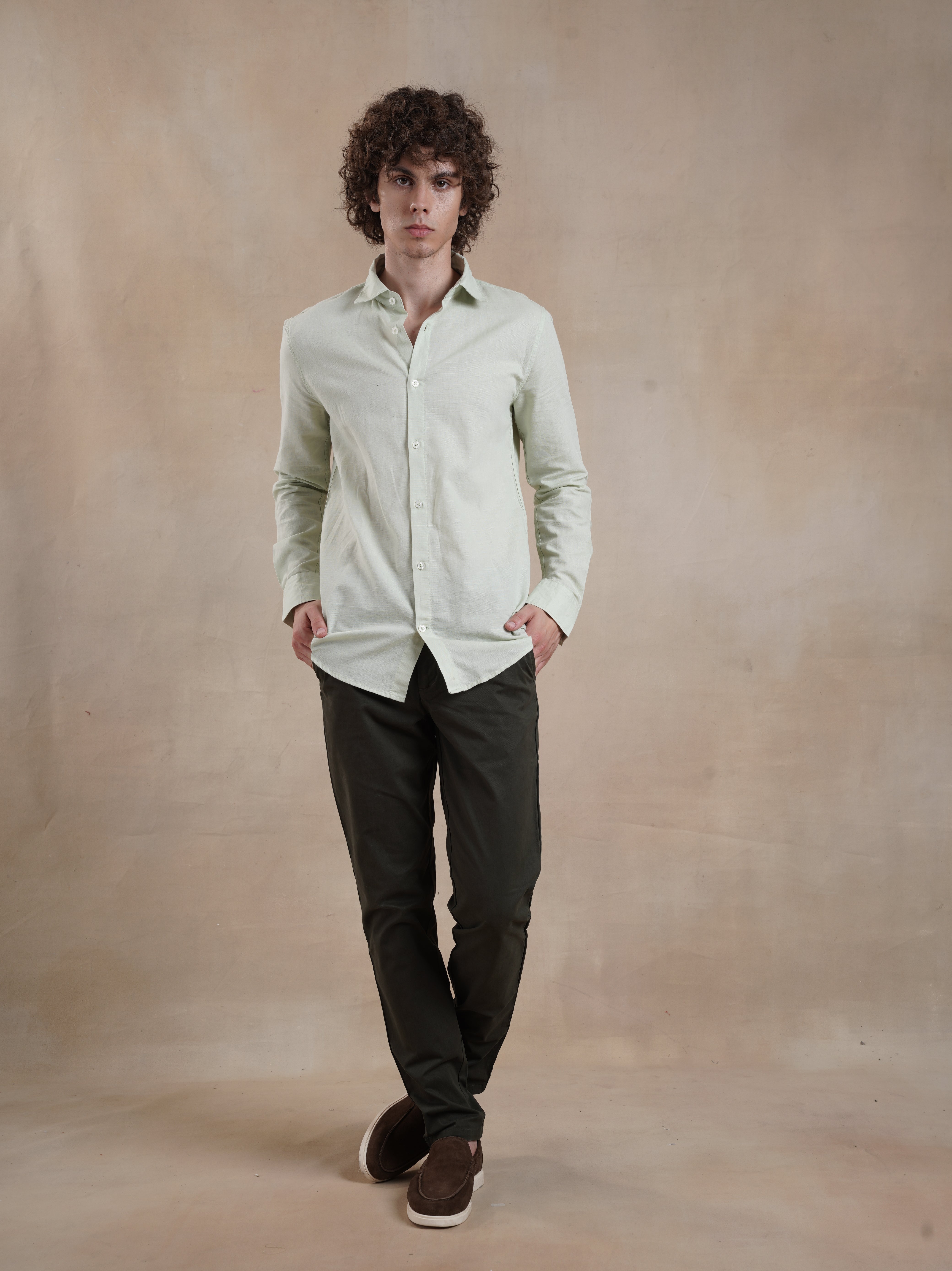 Men's Light Green Full Sleeves Shirt with French Placket