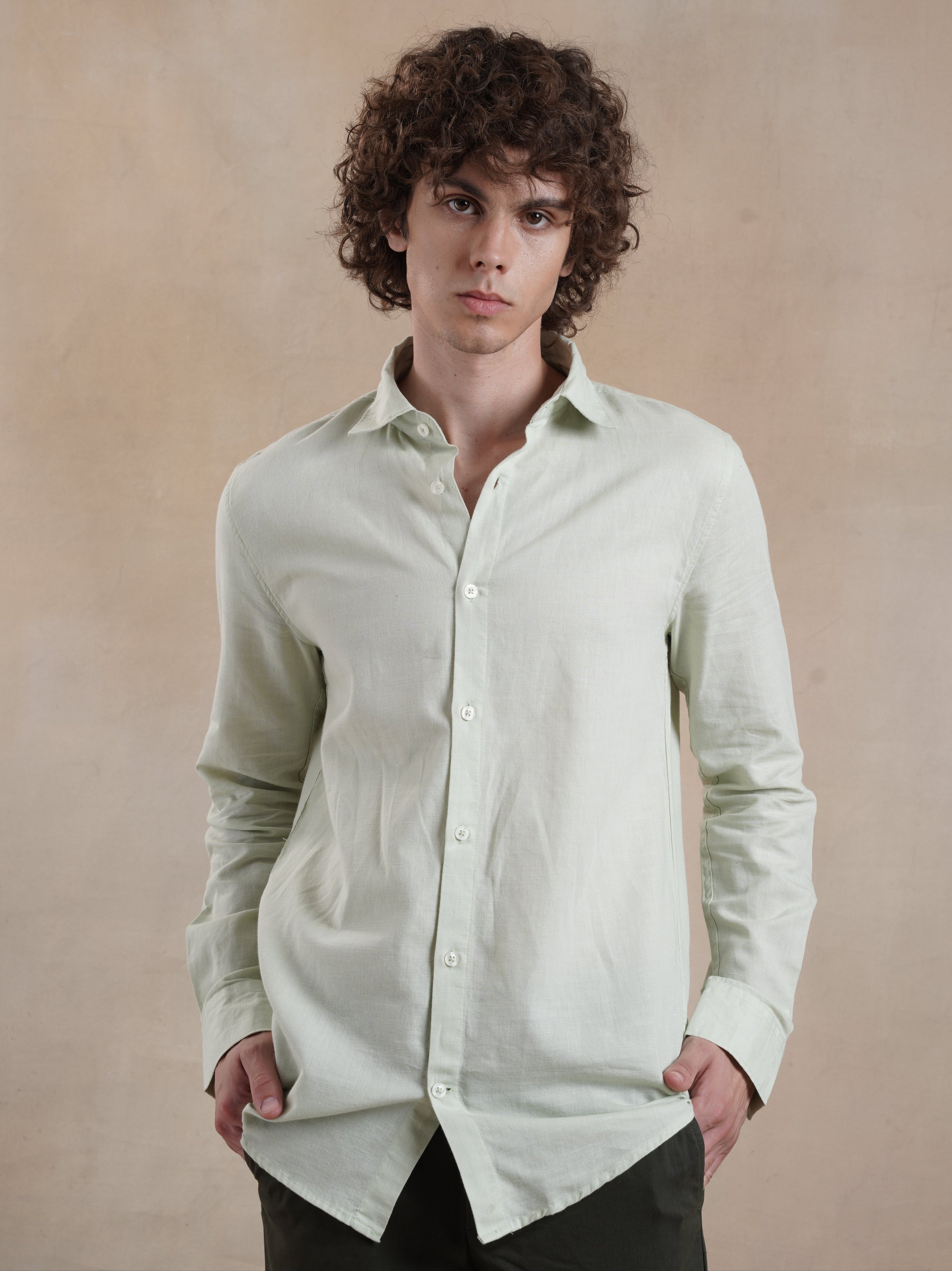 Men's Light Green Full Sleeves Shirt with French Placket