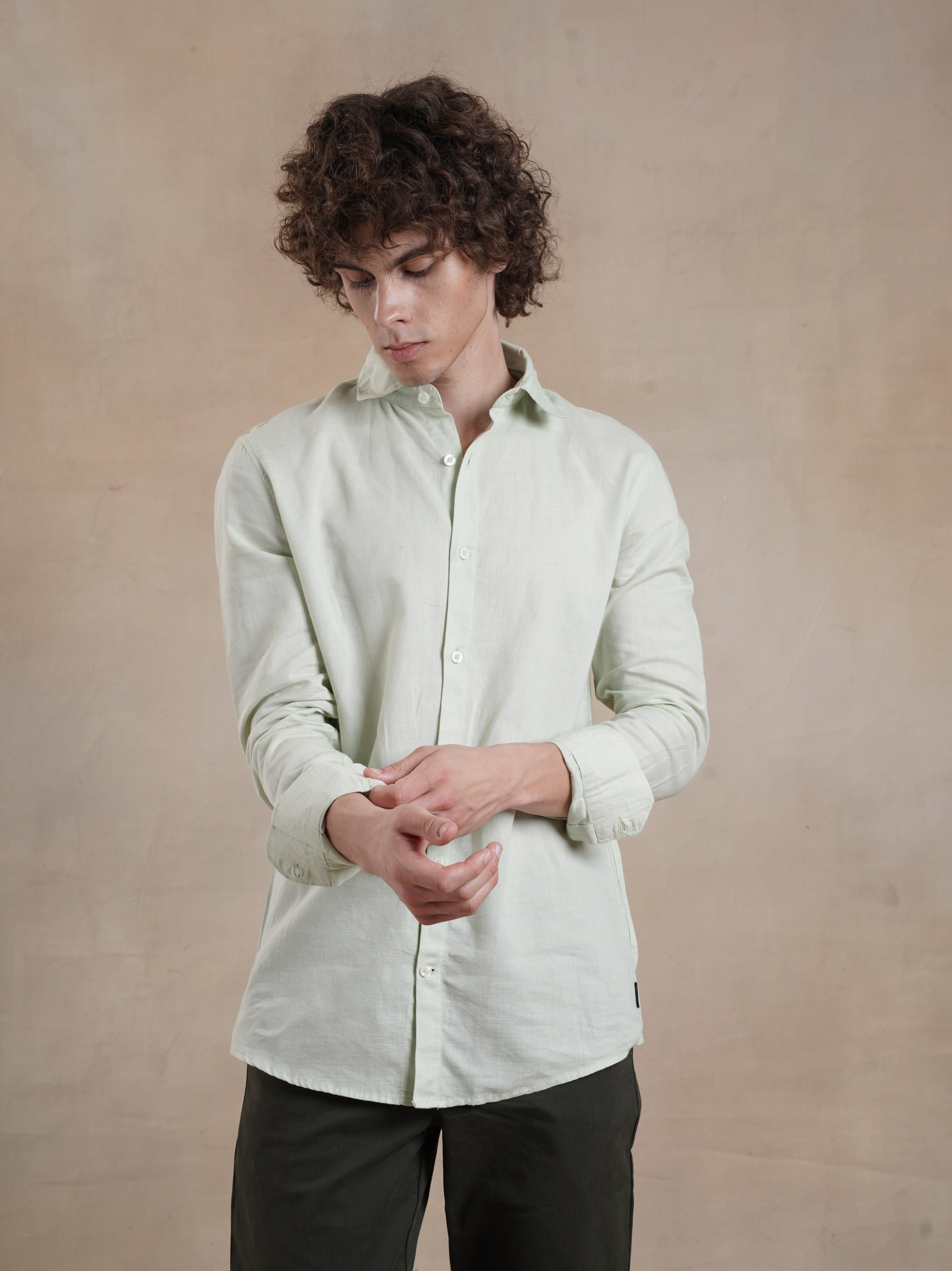 Men's Light Green Full Sleeves Shirt with French Placket