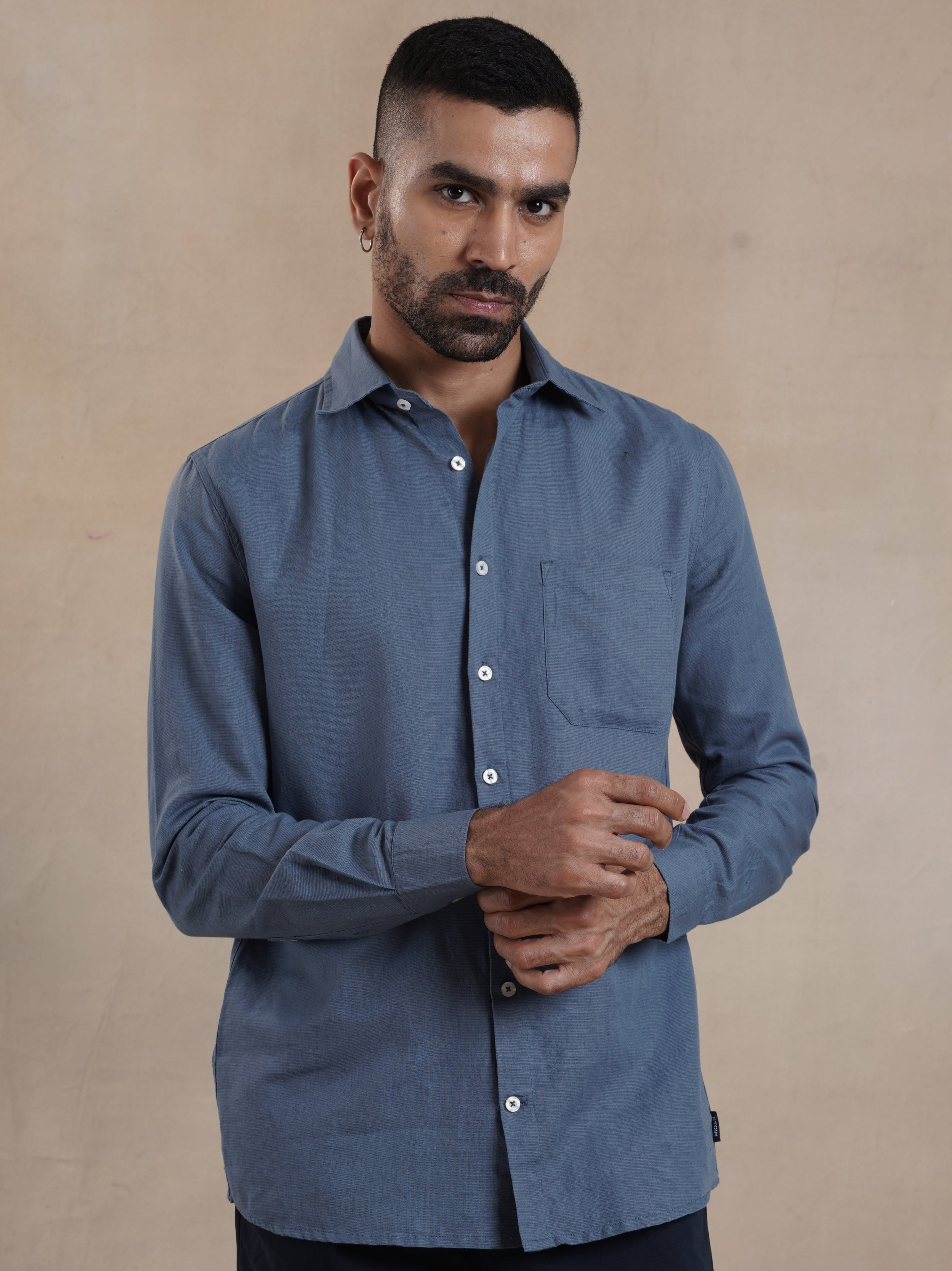 Men's Mid Blue Full Sleeves Shirt with French Placket