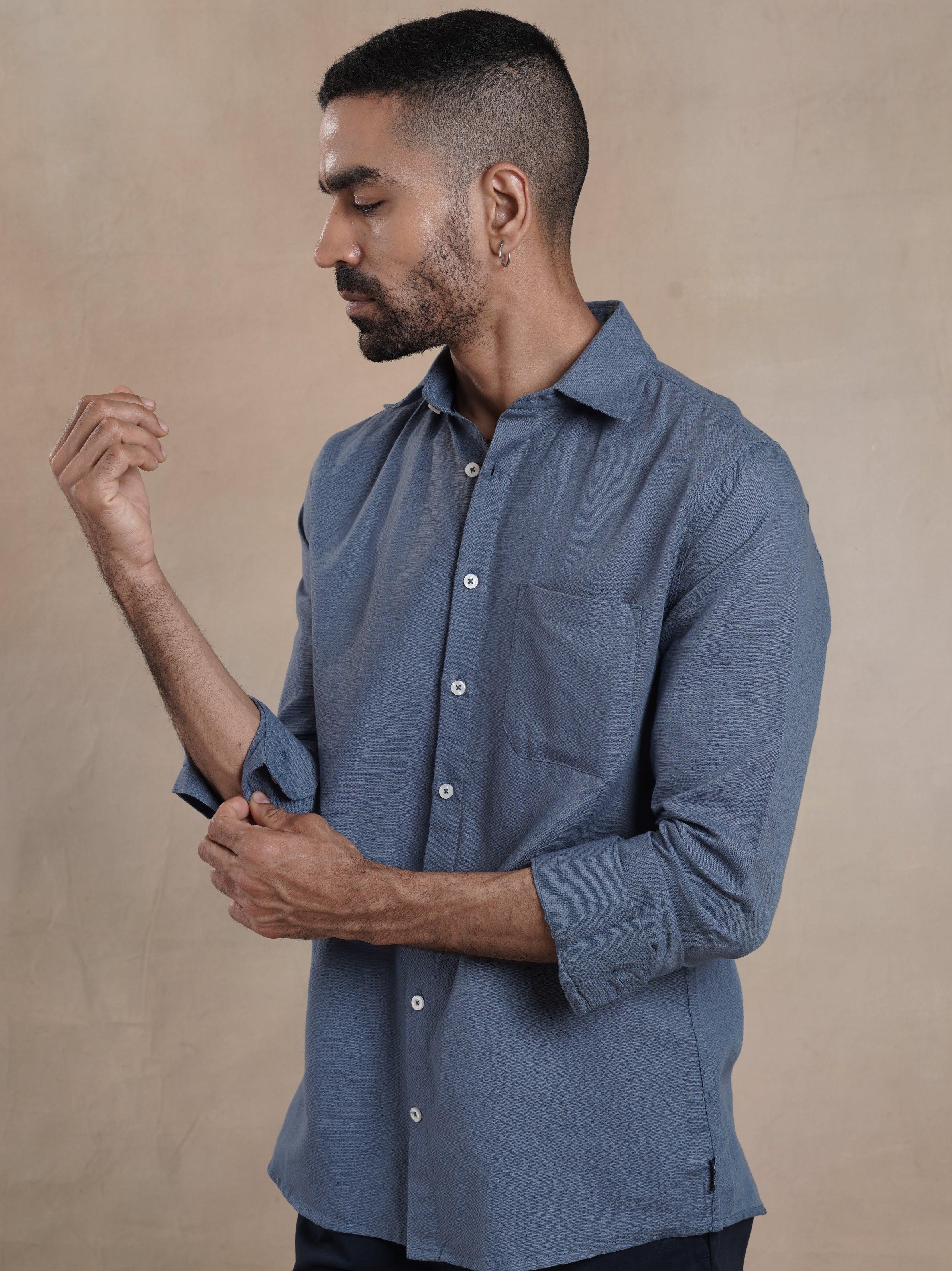 Men's Mid Blue Full Sleeves Shirt with French Placket