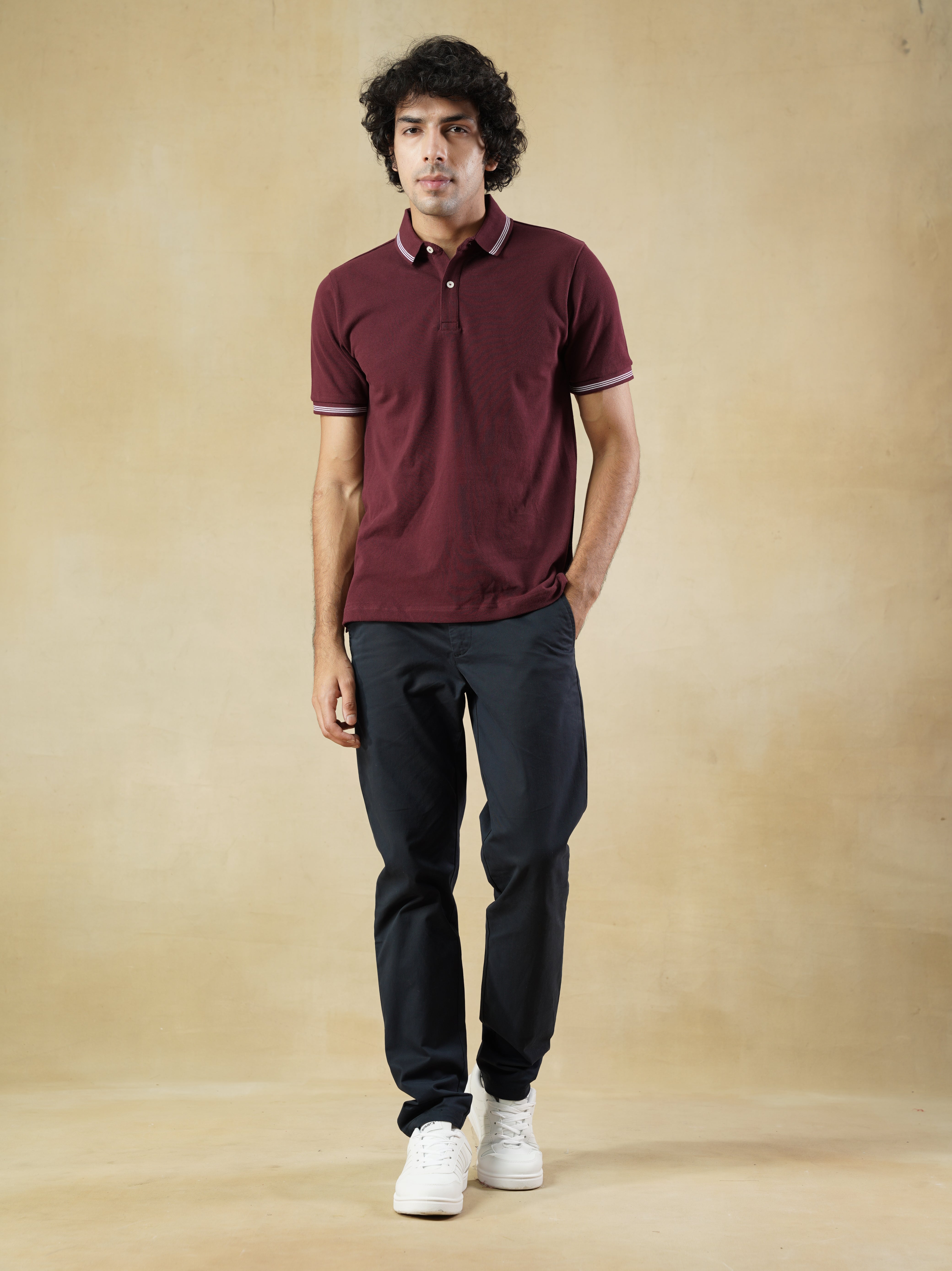 Men's 100% cotton Wine Polo Neck T-Shirt
