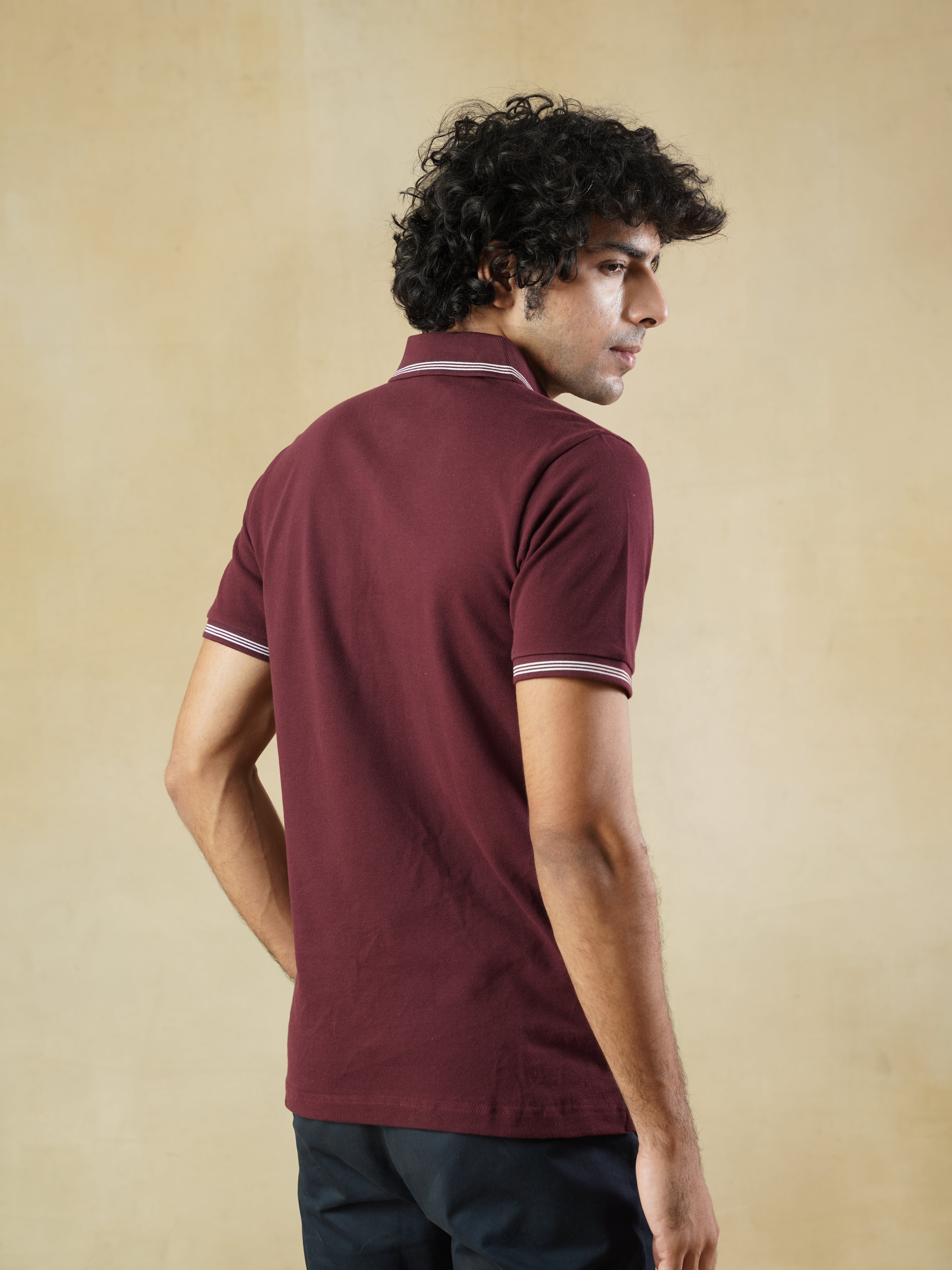 Men's 100% cotton Wine Polo Neck T-Shirt